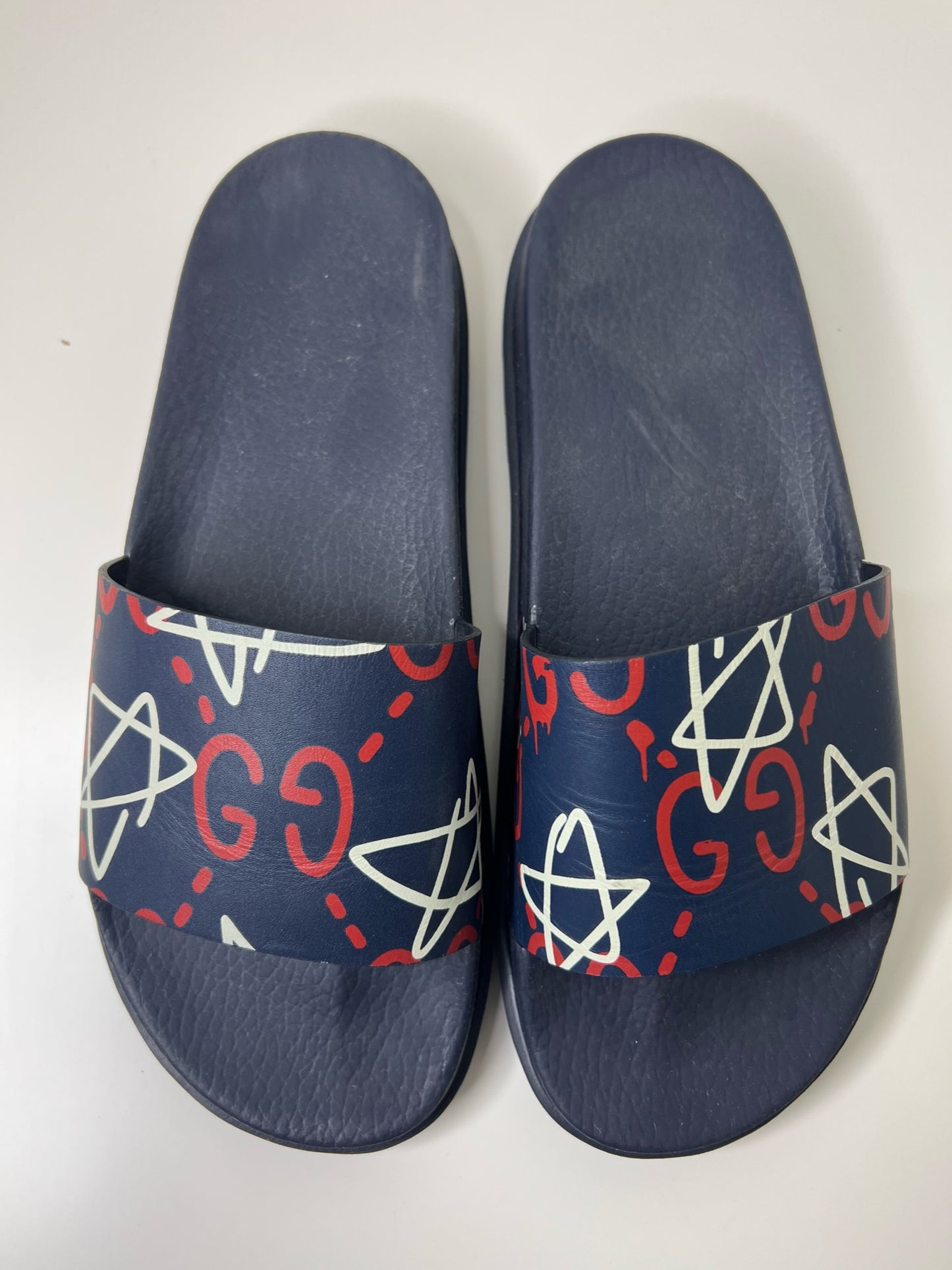 Gucci Ghost Star Print Blue Slides, Size 8