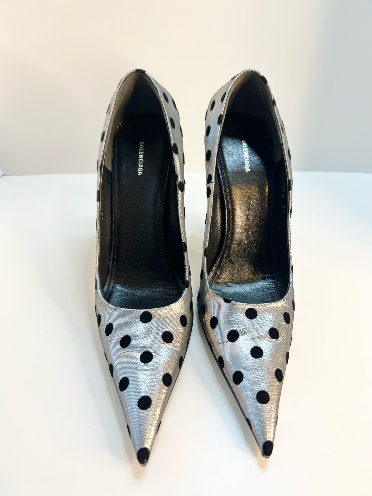 NWT Balenciaga Square Knife Polka-dot Flocked Lamé in Silver, Size 37