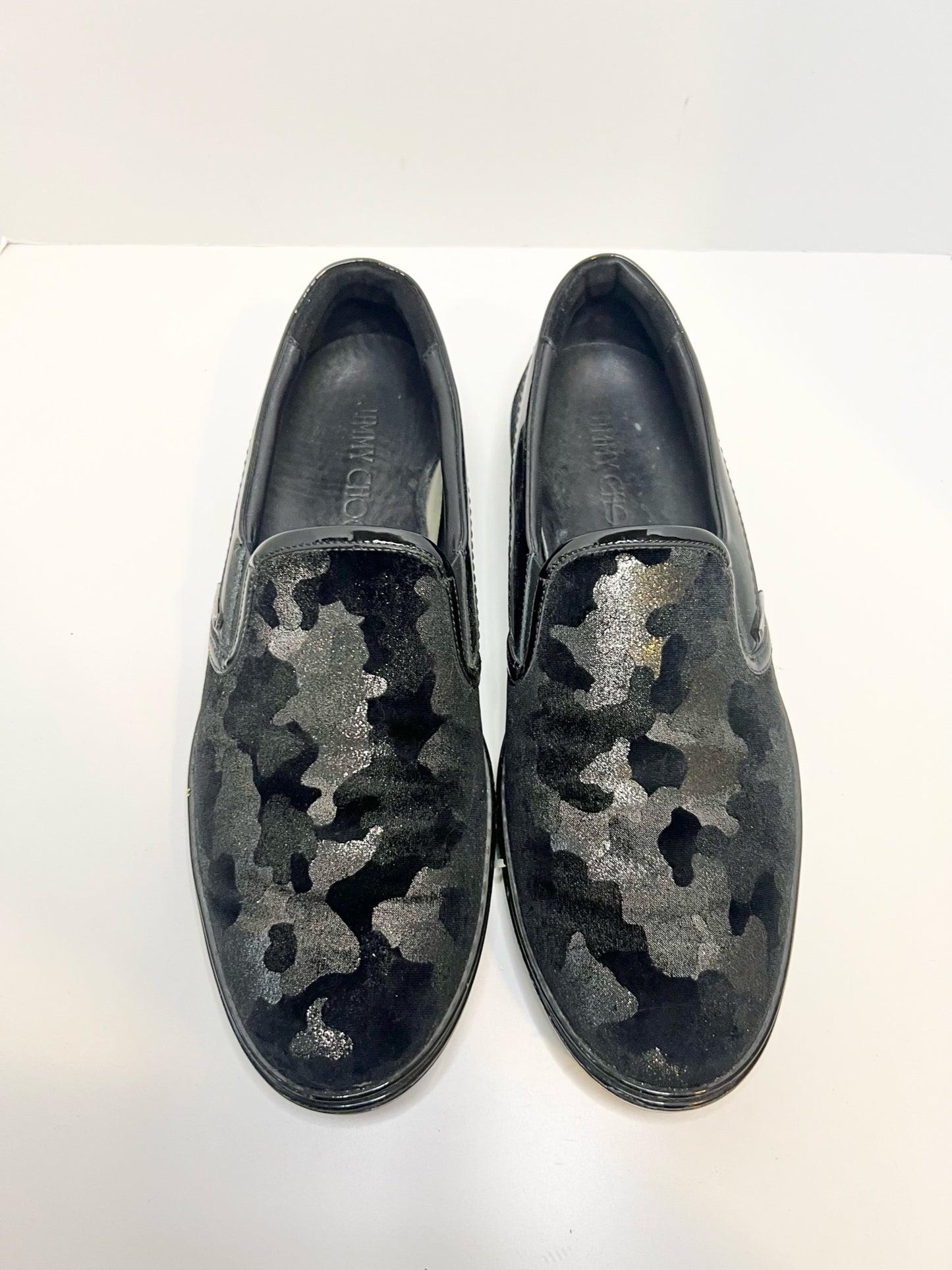 Jimmy Choo Grove Camo Velvet Glitter Shoes, Size 46