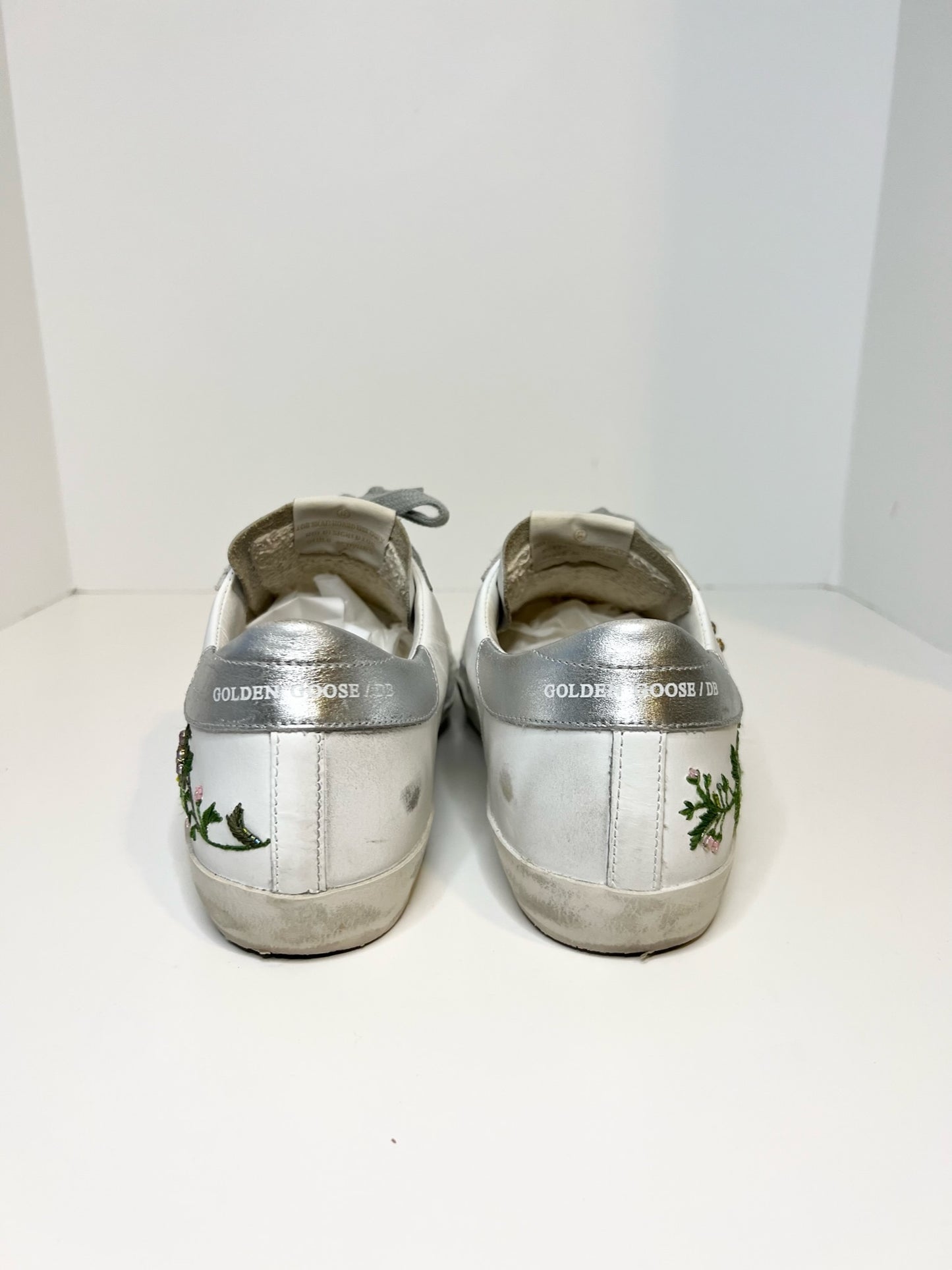 Golden Goose White Flowers Embroidered Superstar Sneakers, Size 39