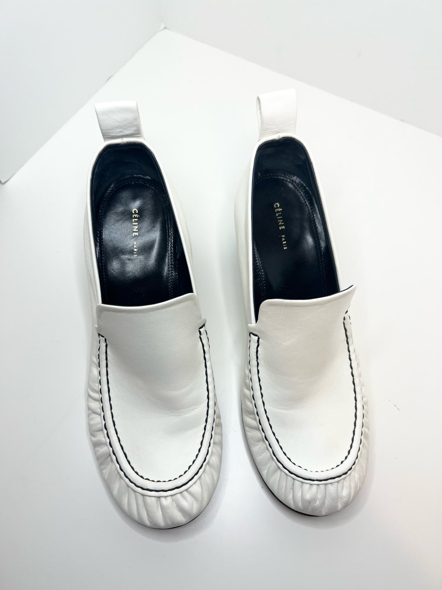 Celine White Leather Loafers, Size 38