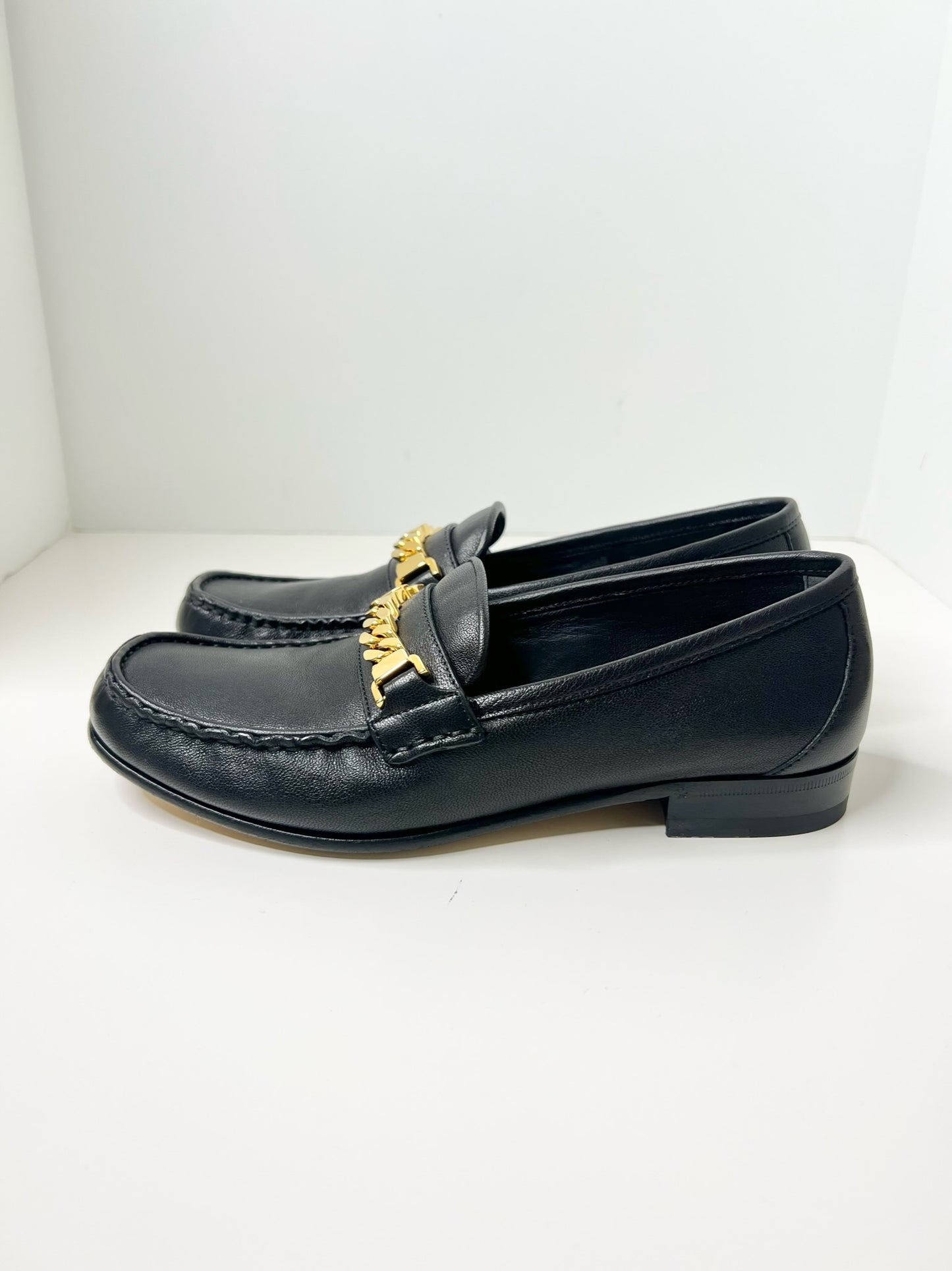 Gucci Sylvie Black Leather Loafers with Gold Chain, Size 37.5