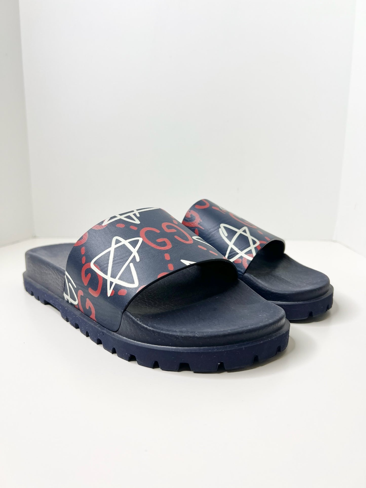 Gucci Ghost Star Print Blue Slides, Size 8