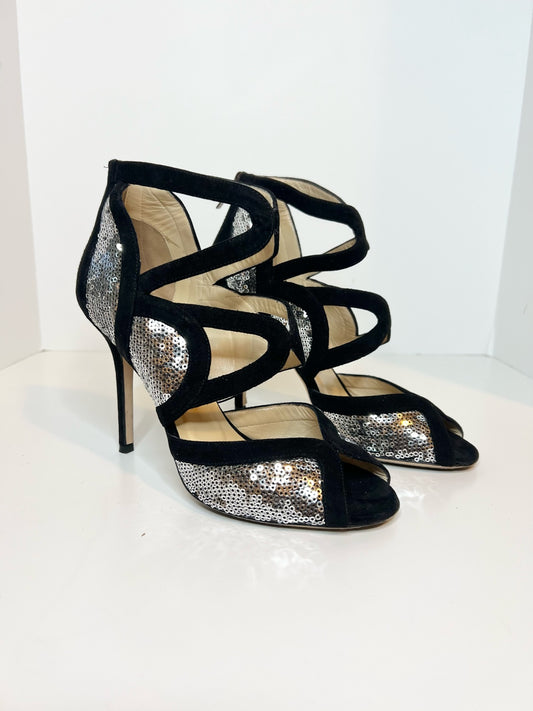 Jimmy Choo Tempest Silver Sequin w/ Black Suede Sandal, Size 37