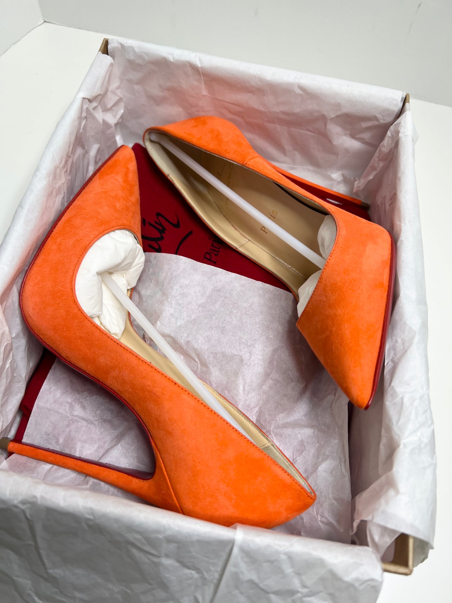 Christian Louboutin So Kate 120 Suede, Bright Orange, Size 38