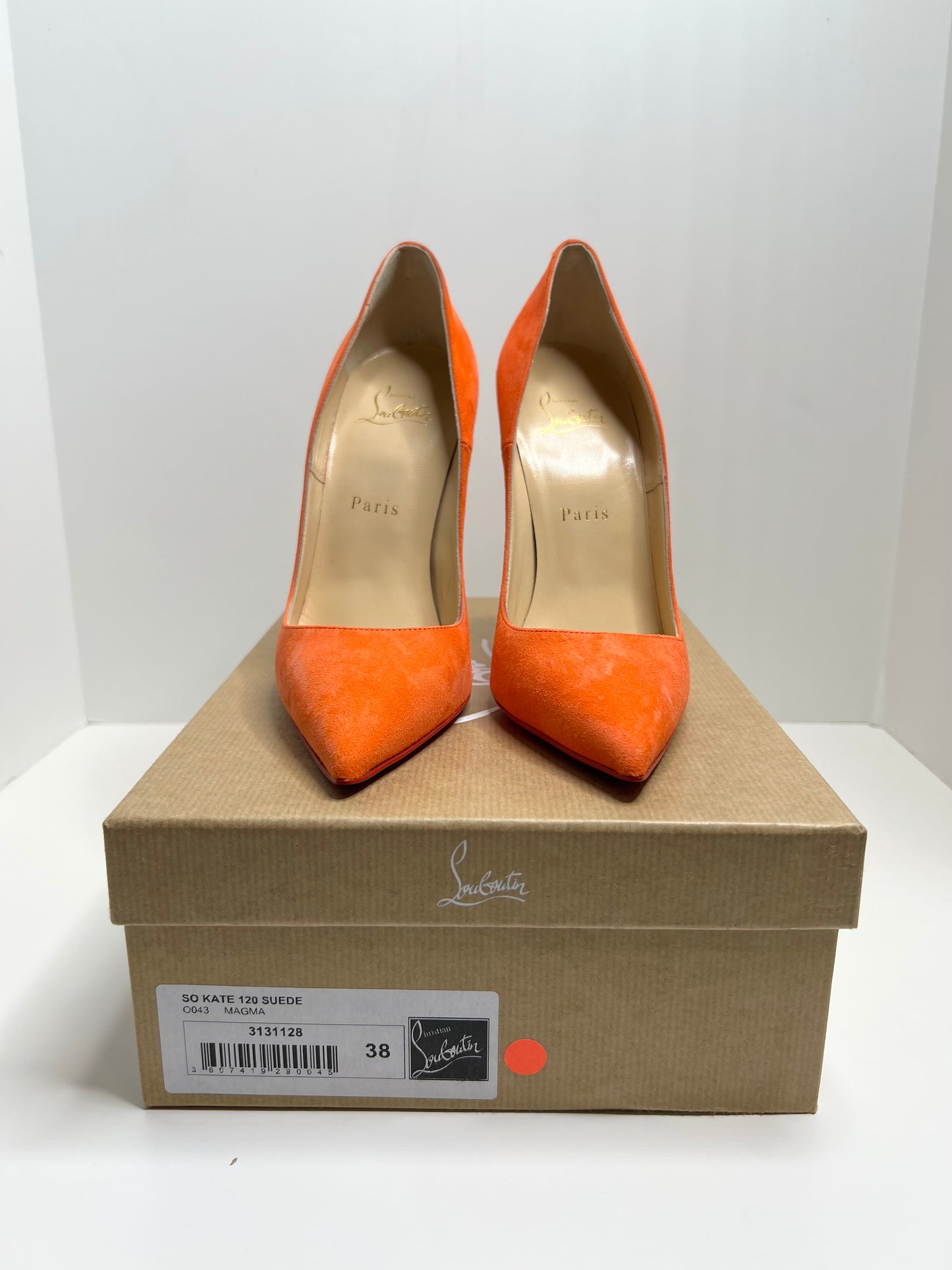 Christian Louboutin So Kate 120 Suede, Bright Orange, Size 38