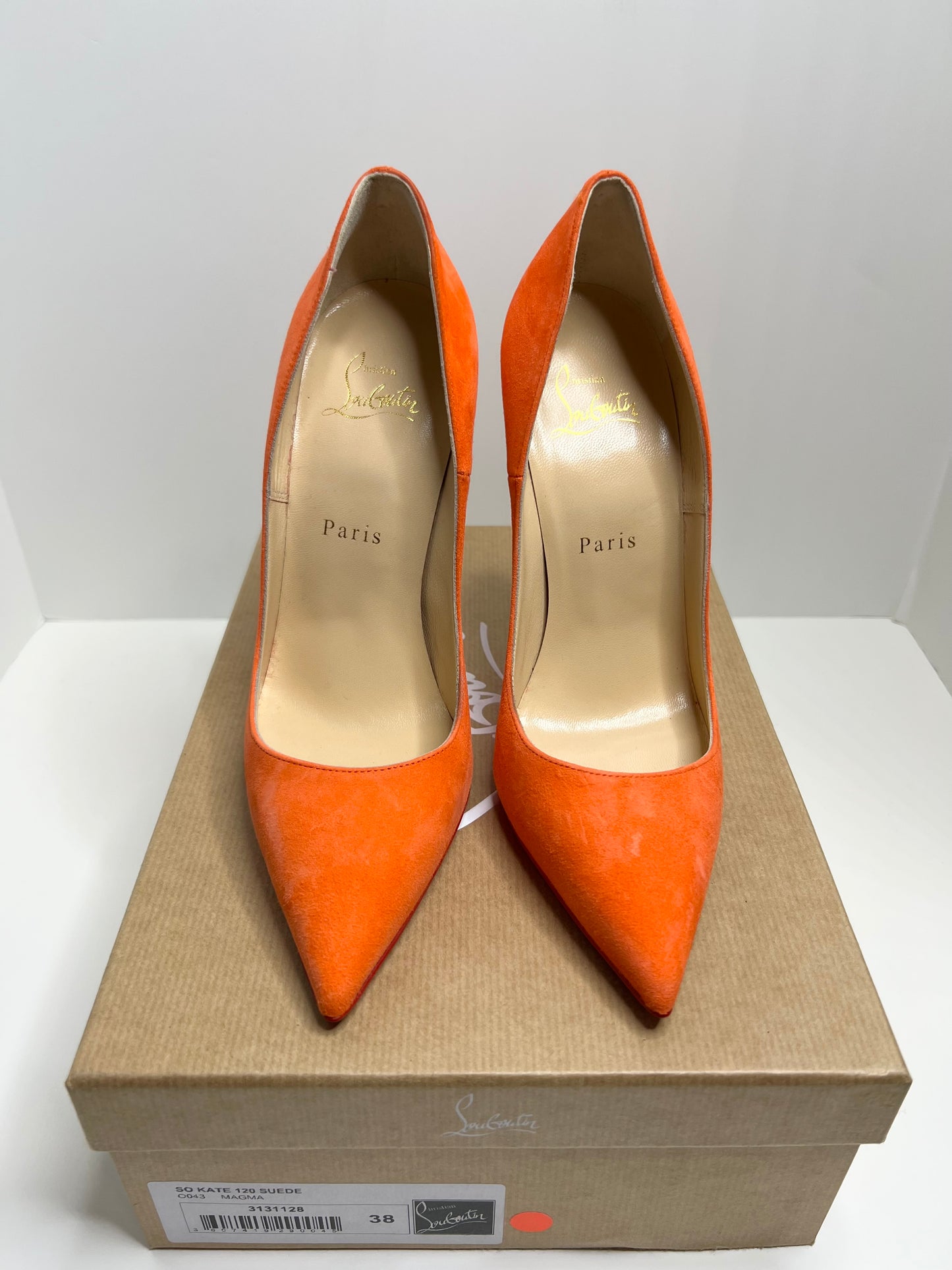 Christian Louboutin So Kate 120 Suede, Bright Orange, Size 38