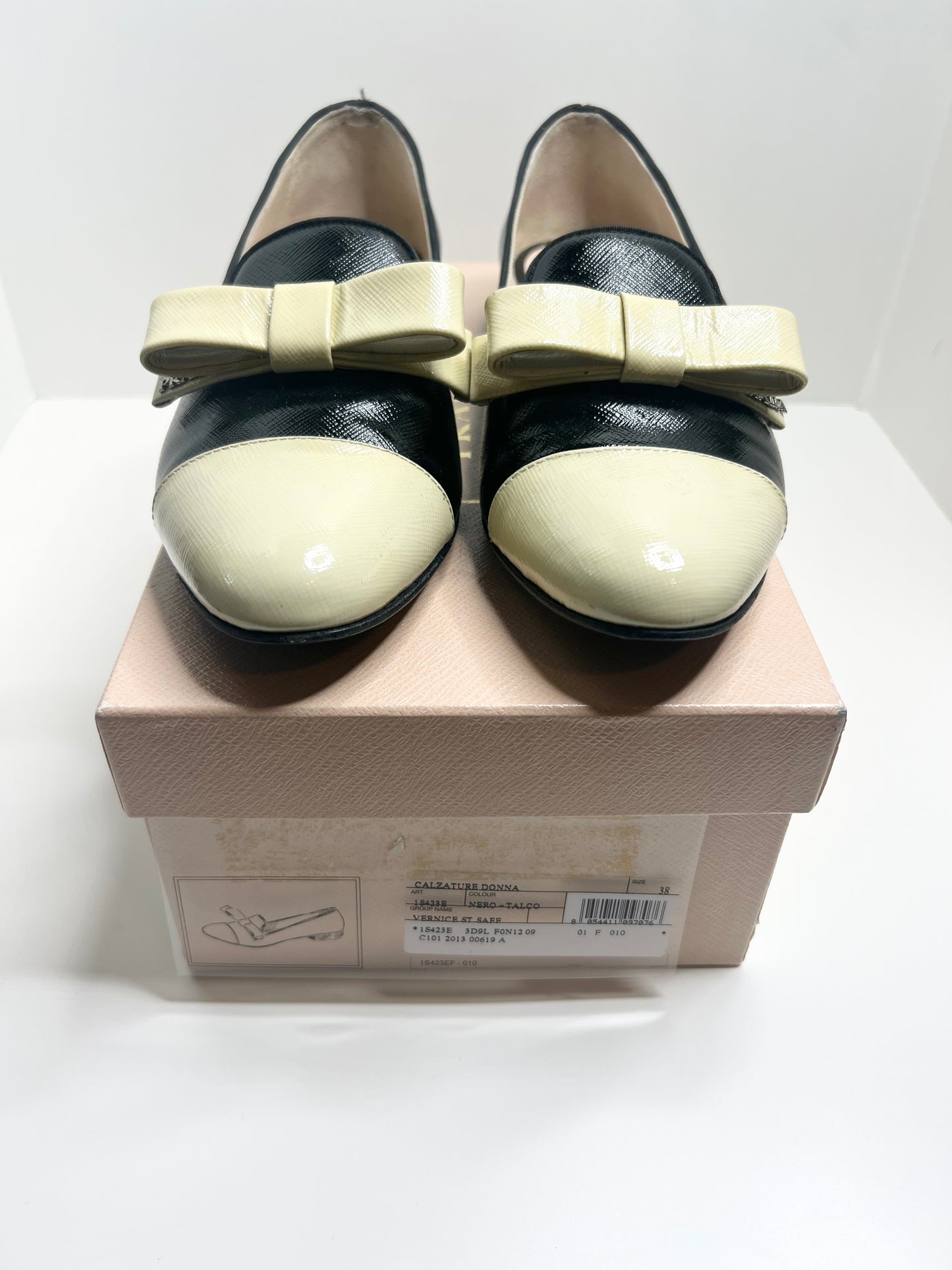 PRADA Saffiano Leather Bow Two-Color Loafers, Size 38