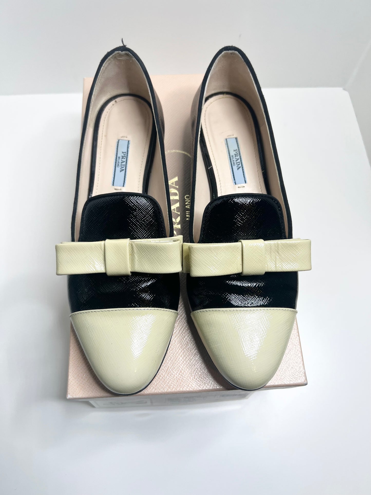 PRADA Saffiano Leather Bow Two-Color Loafers, Size 38