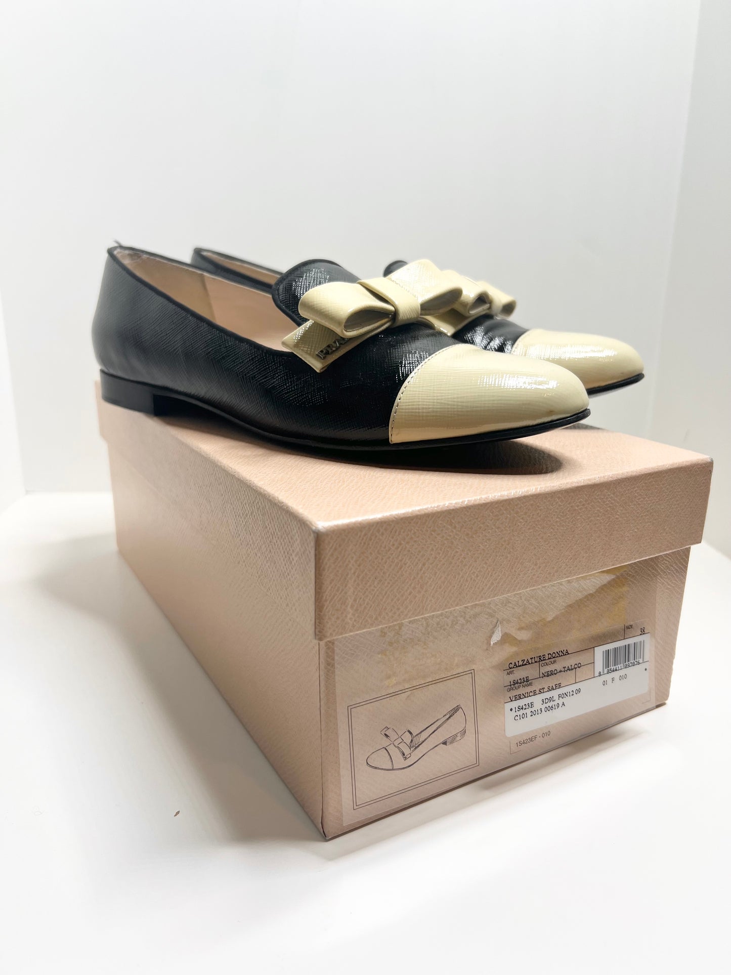 PRADA Saffiano Leather Bow Two-Color Loafers, Size 38