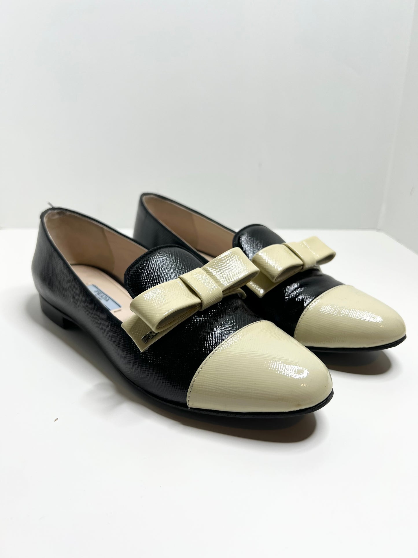 PRADA Saffiano Leather Bow Two-Color Loafers, Size 38