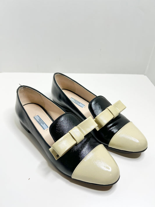 PRADA Saffiano Leather Bow Two-Color Loafers, Size 38