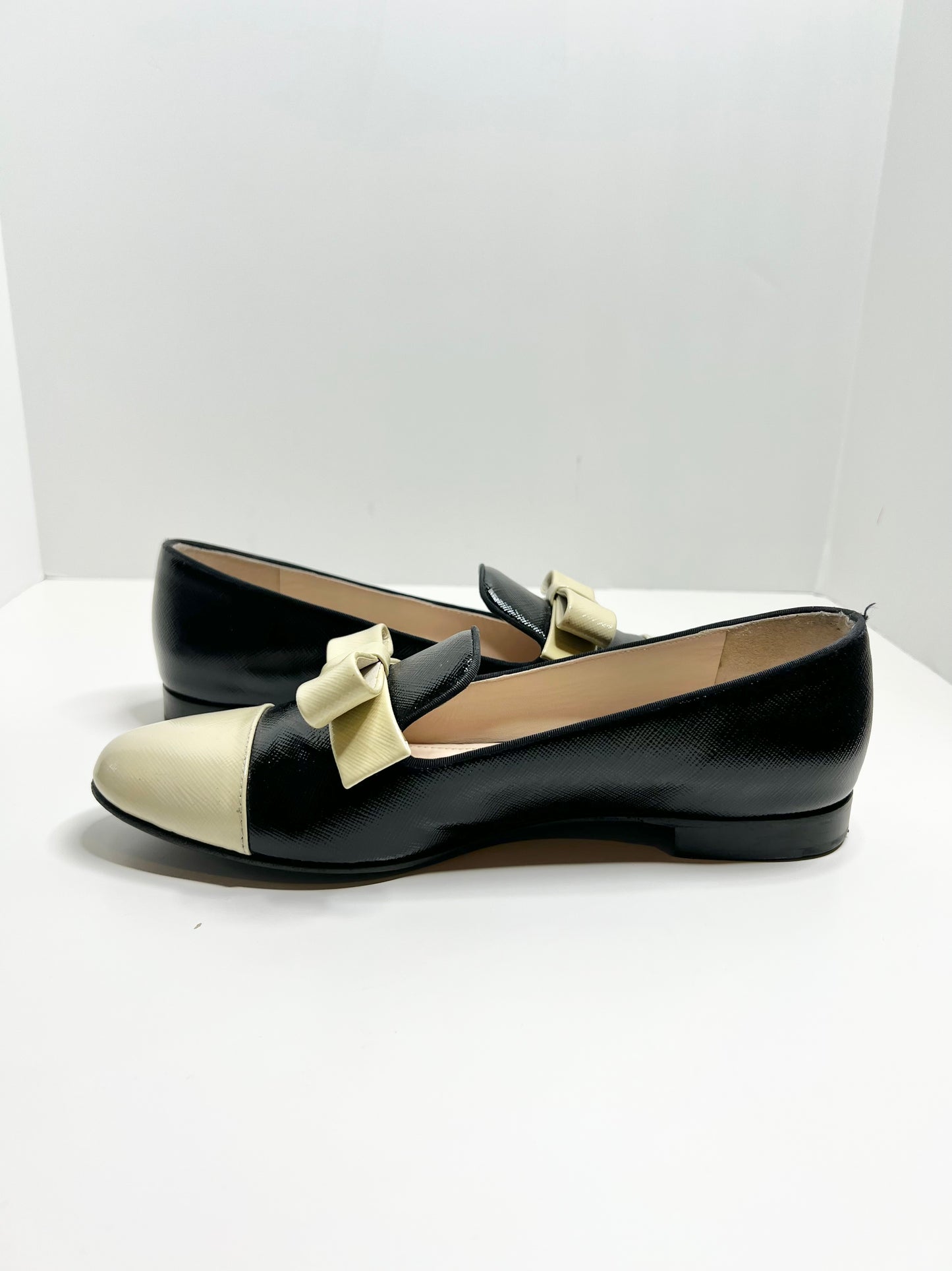 PRADA Saffiano Leather Bow Two-Color Loafers, Size 38