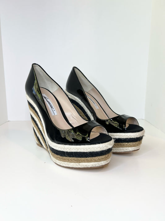 Brian Atwood Espadrille Patent Wedges w/ Woven Detail, Size 37