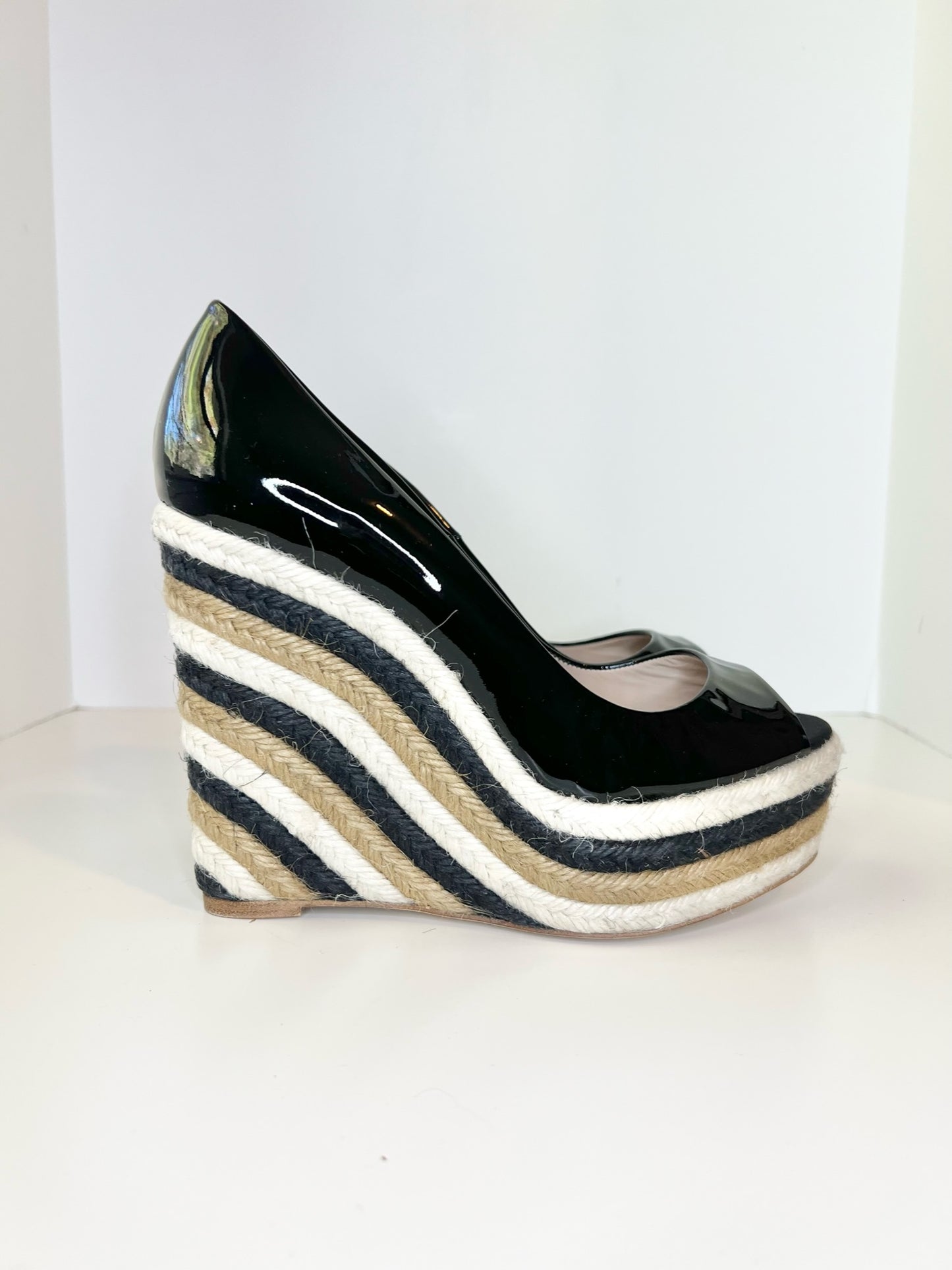 Brian Atwood Espadrille Patent Wedges w/ Woven Detail, Size 37