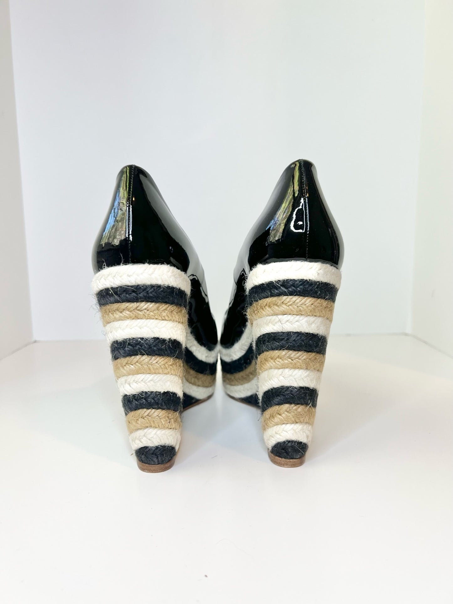 Brian Atwood Espadrille Patent Wedges w/ Woven Detail, Size 37