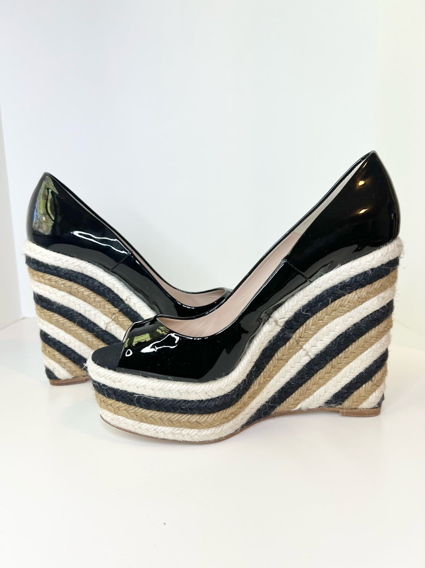 Brian Atwood Espadrille Patent Wedges w/ Woven Detail, Size 37