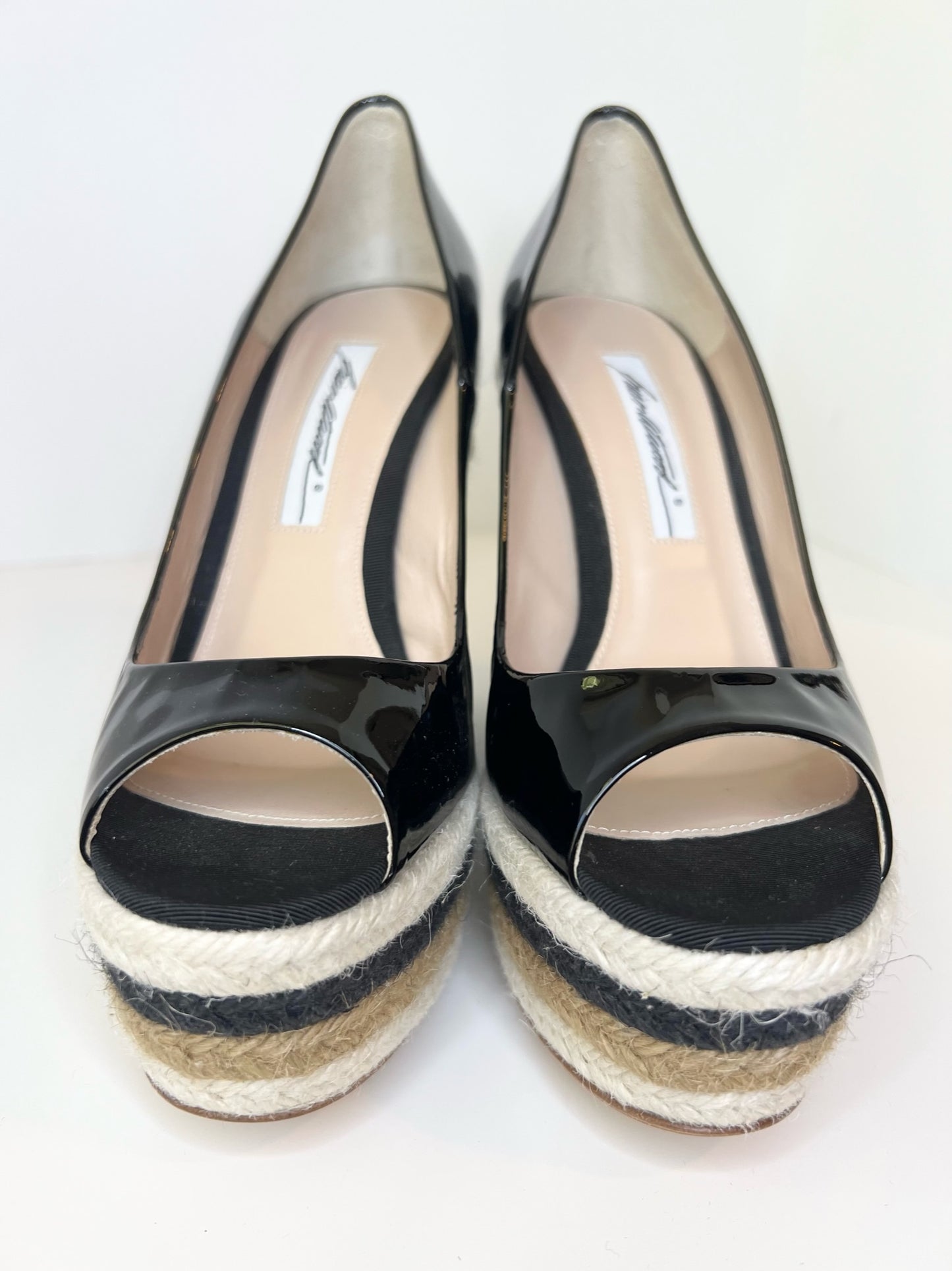 Brian Atwood Espadrille Patent Wedges w/ Woven Detail, Size 37