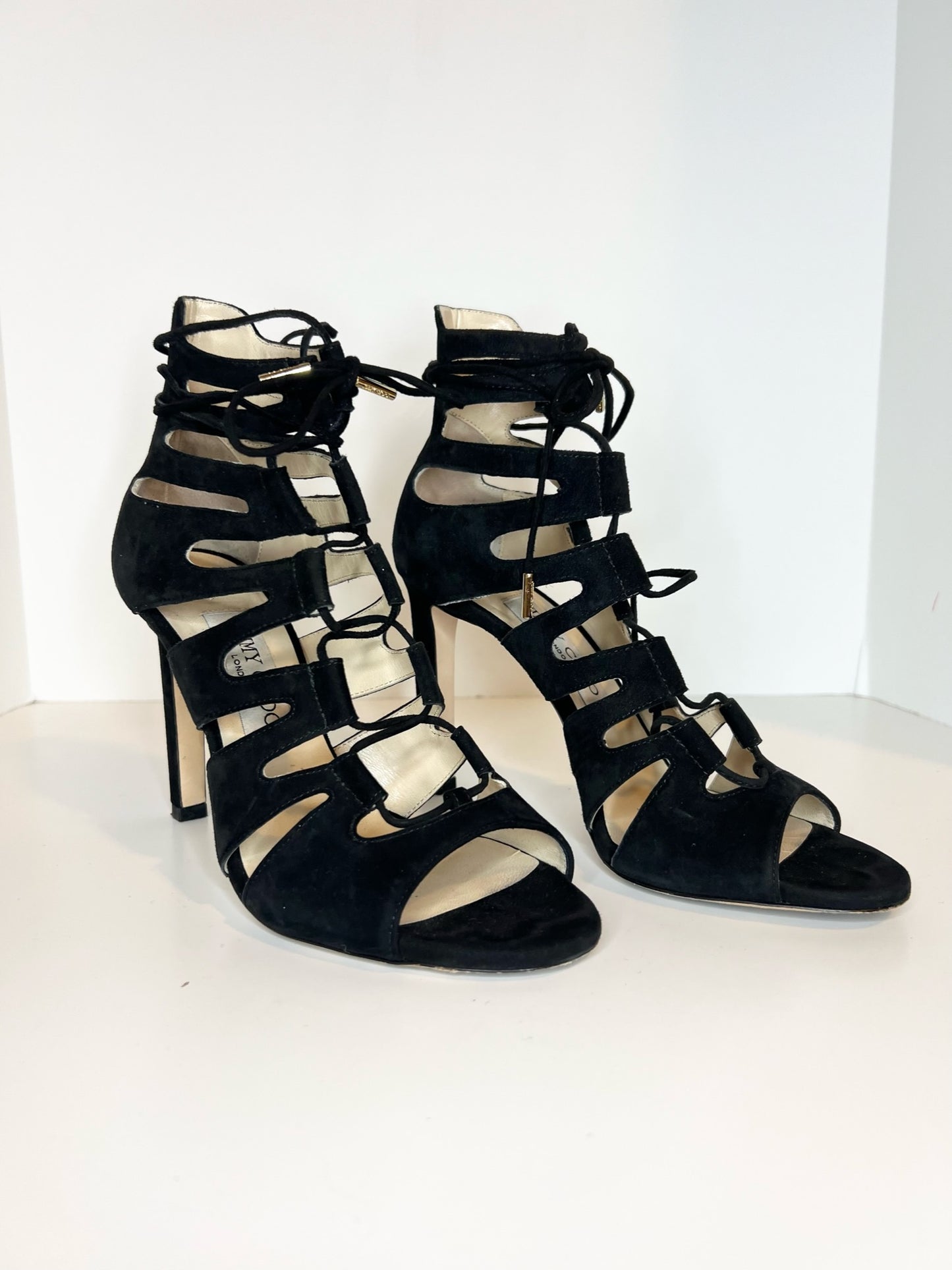 Jimmy Choo Black Suede Gladiator Sandals, Size 37.5