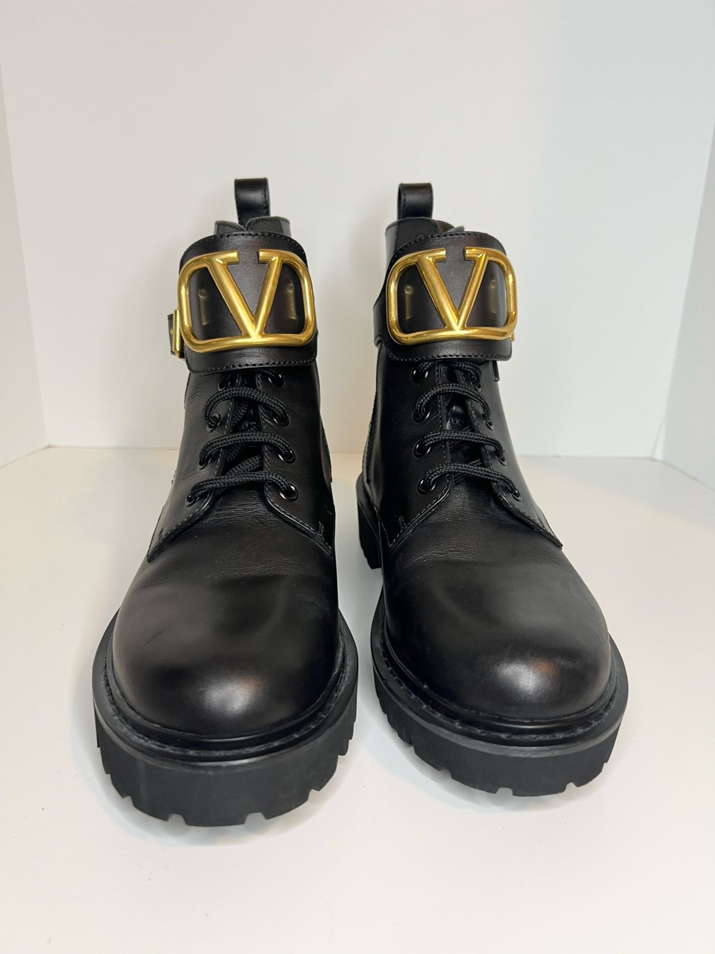 Valentino V-logo Black Leather Combat Boots, Size 37.5