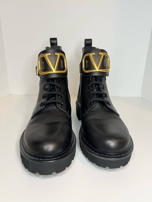 Valentino V-logo Black Leather Combat Boots, Size 37.5