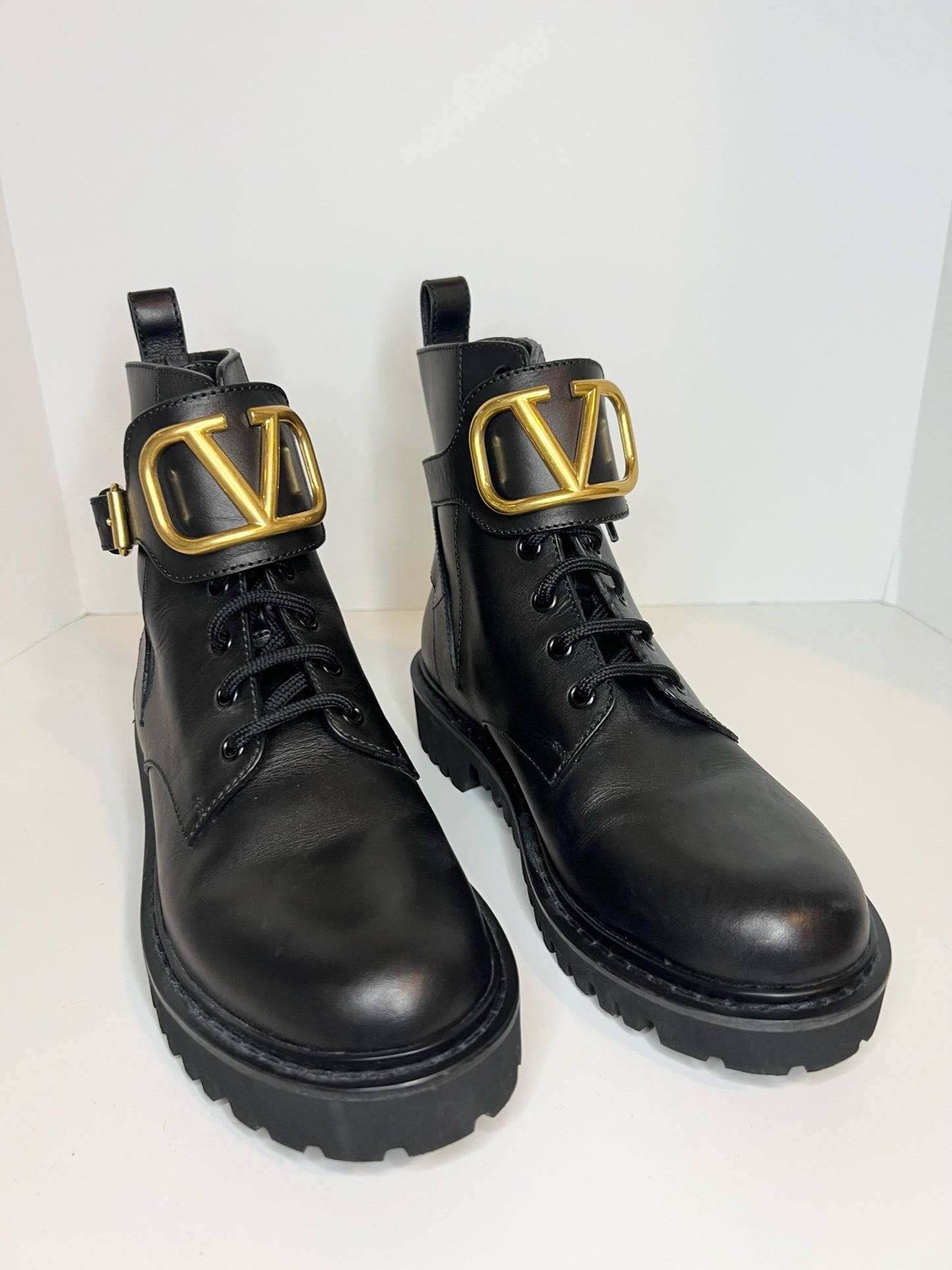 Valentino V-logo Black Leather Combat Boots, Size 37.5