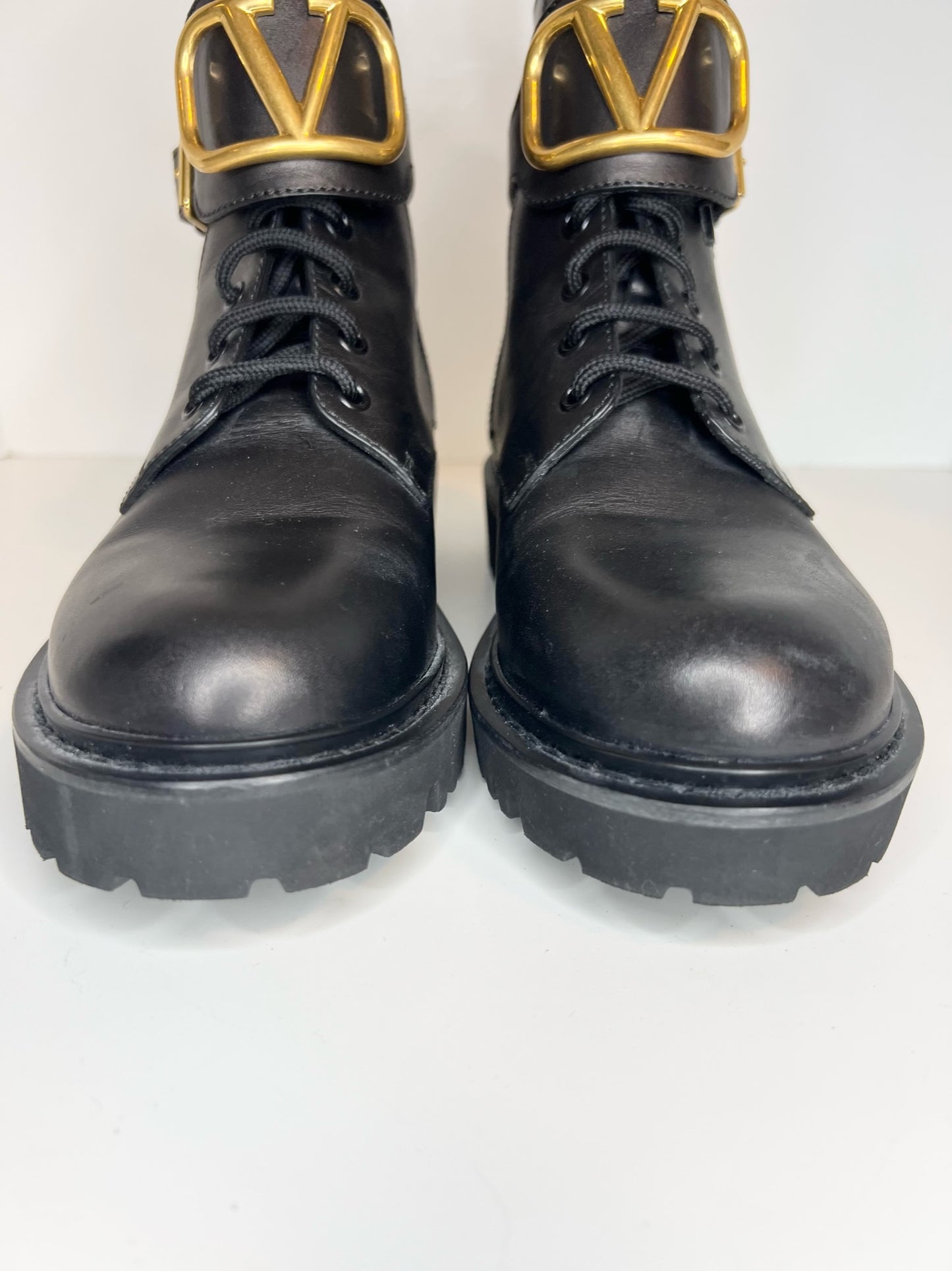 Valentino V-logo Black Leather Combat Boots, Size 37.5