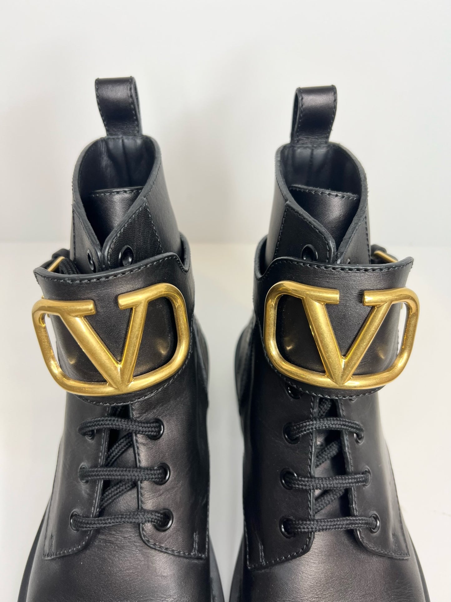 Valentino V-logo Black Leather Combat Boots, Size 37.5