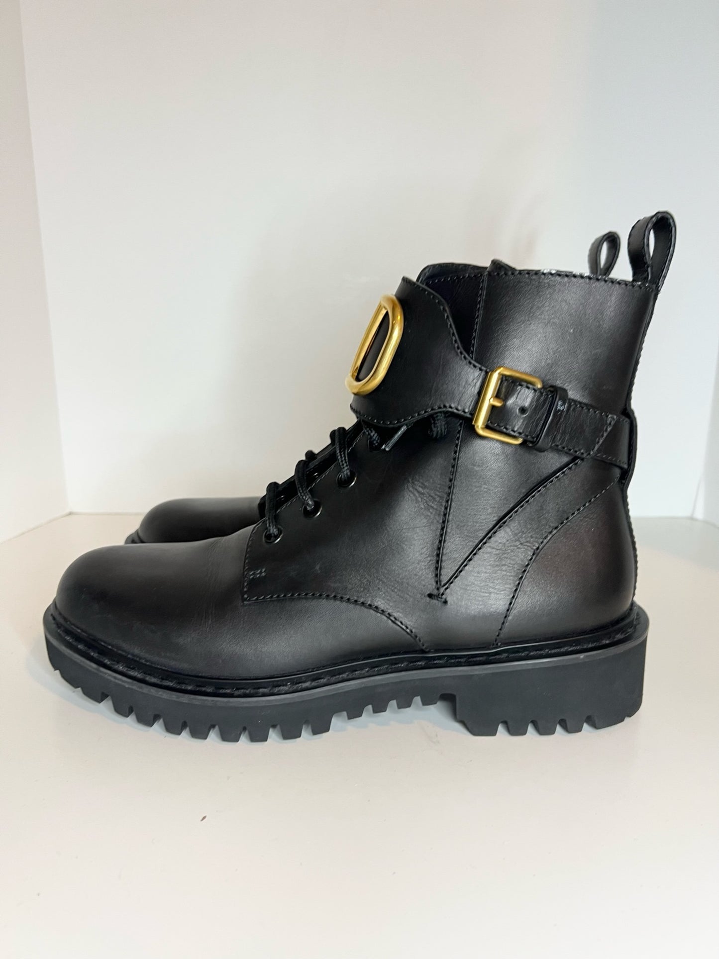 Valentino V-logo Black Leather Combat Boots, Size 37.5