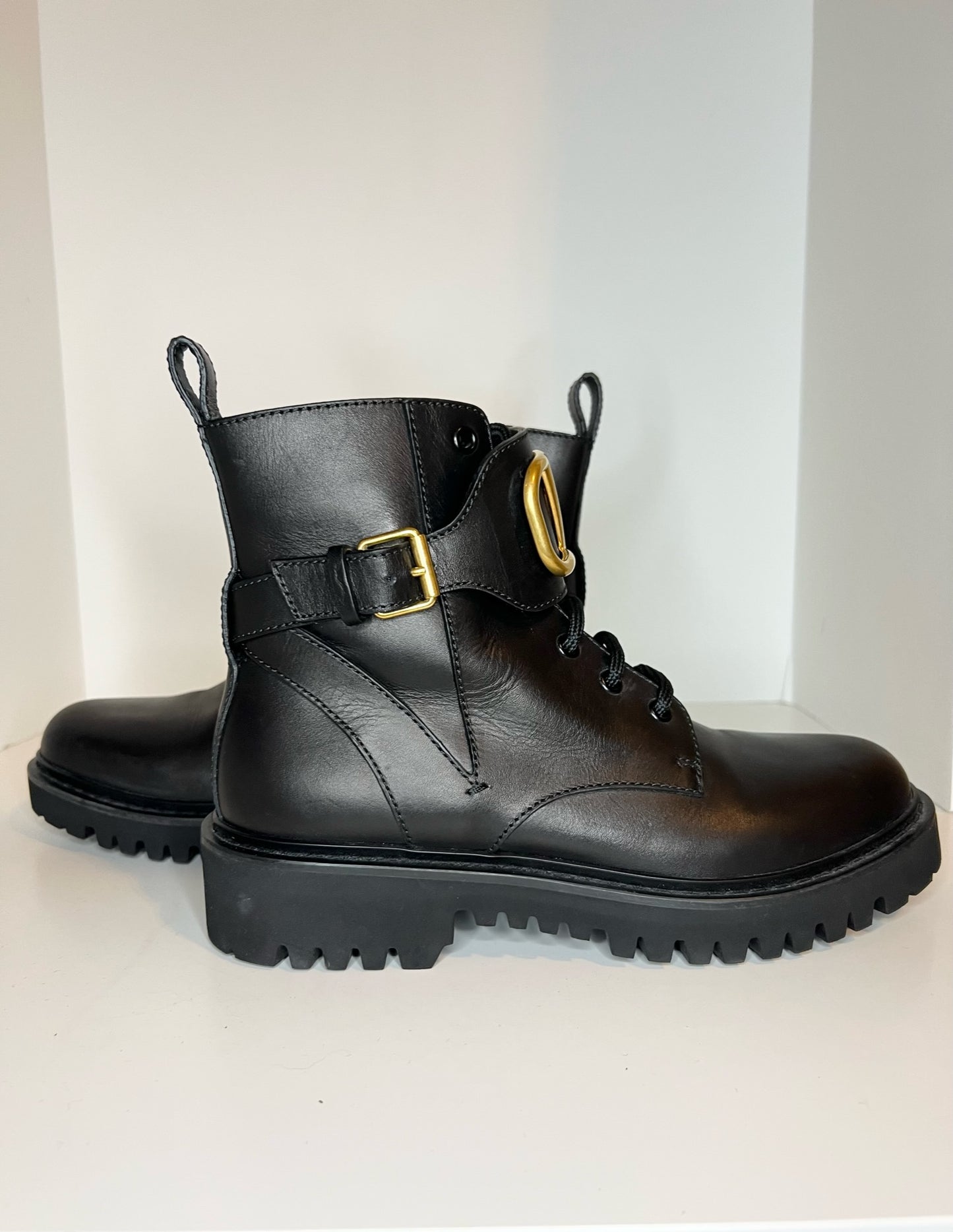 Valentino V-logo Black Leather Combat Boots, Size 37.5