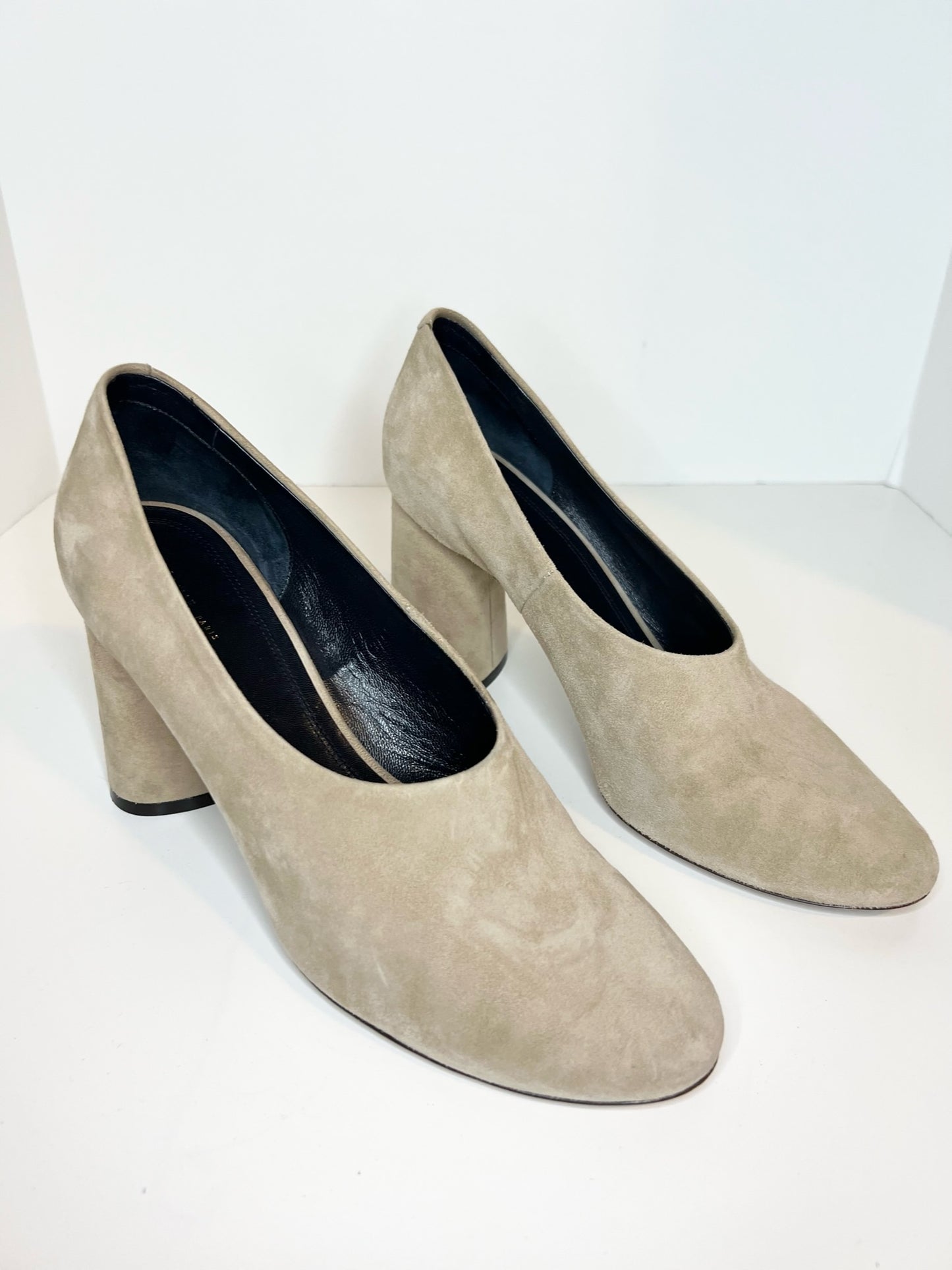 Celine Round-toe Block Heel Suede Pumps, Tan Size 38