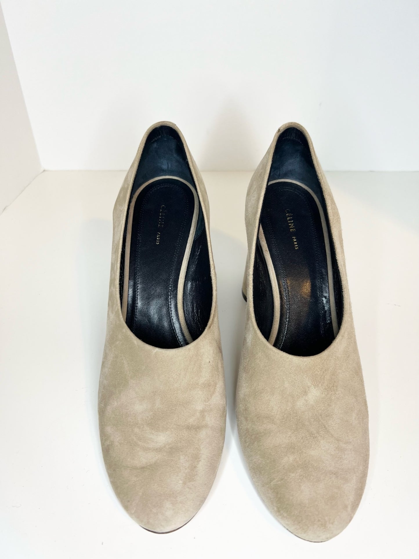 Celine Round-toe Block Heel Suede Pumps, Tan Size 38