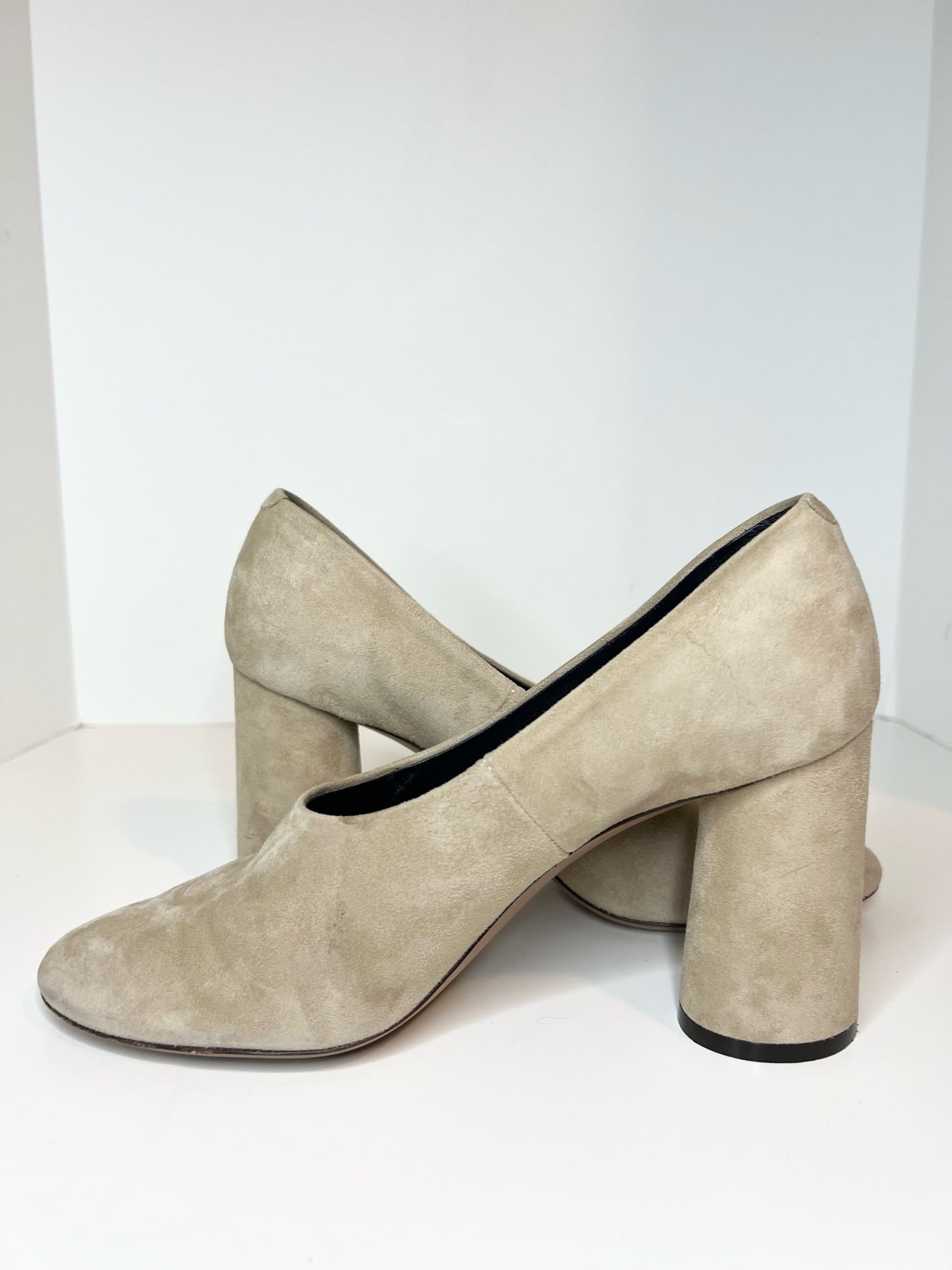 Celine Round-toe Block Heel Suede Pumps, Tan Size 38