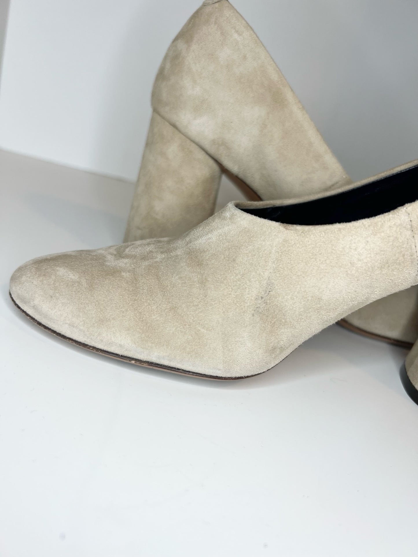 Celine Round-toe Block Heel Suede Pumps, Tan Size 38