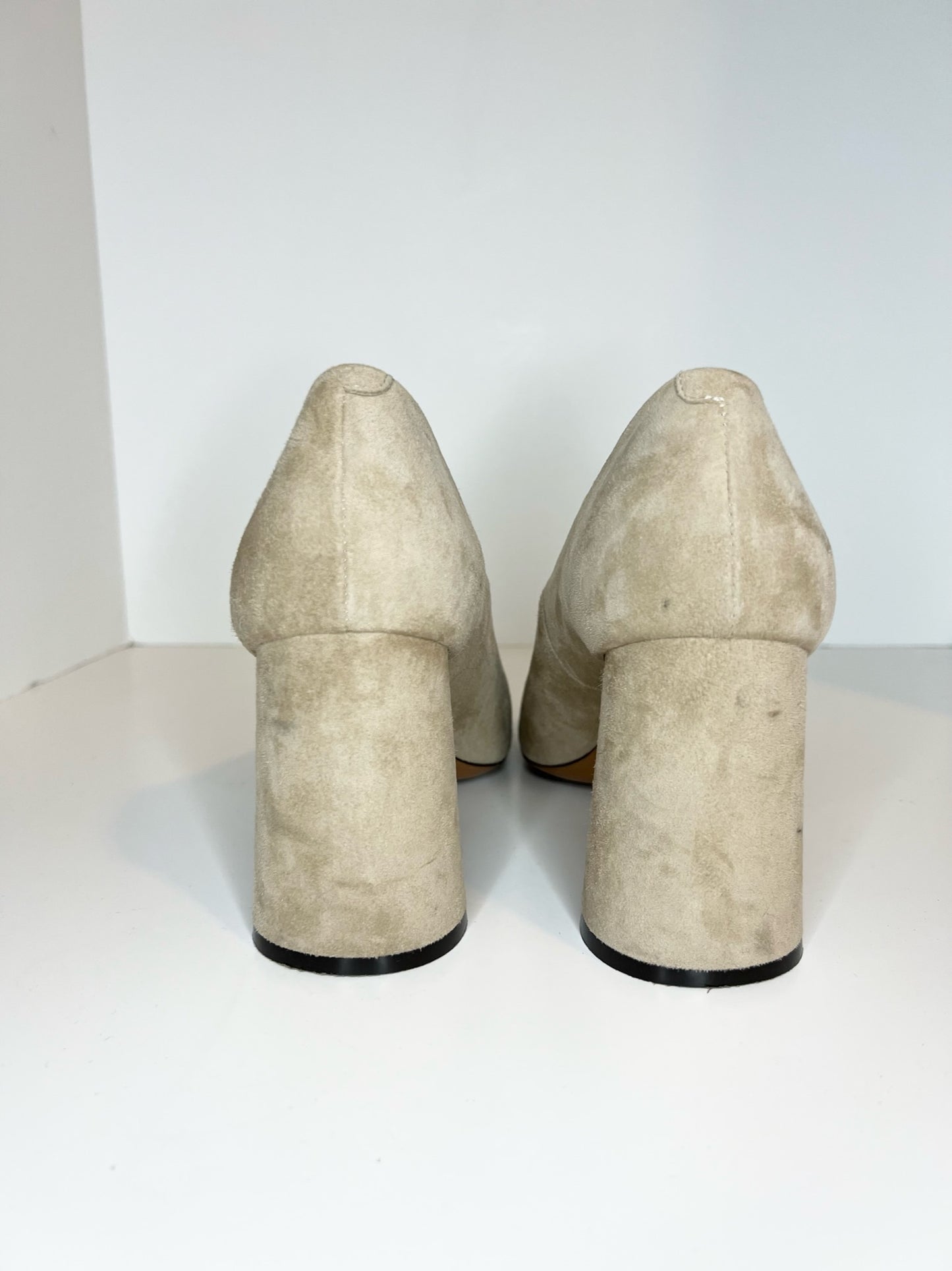 Celine Round-toe Block Heel Suede Pumps, Tan Size 38