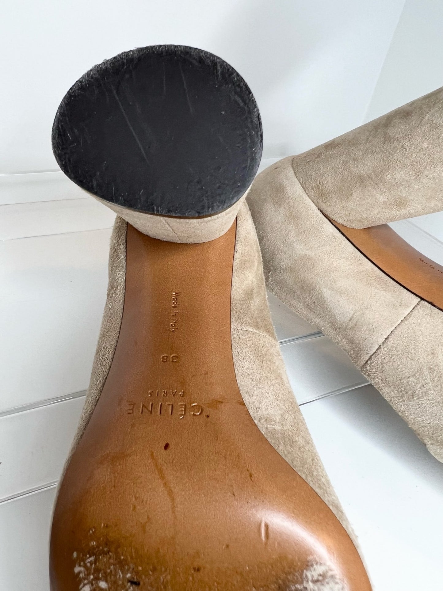 Celine Round-toe Block Heel Suede Pumps, Tan Size 38