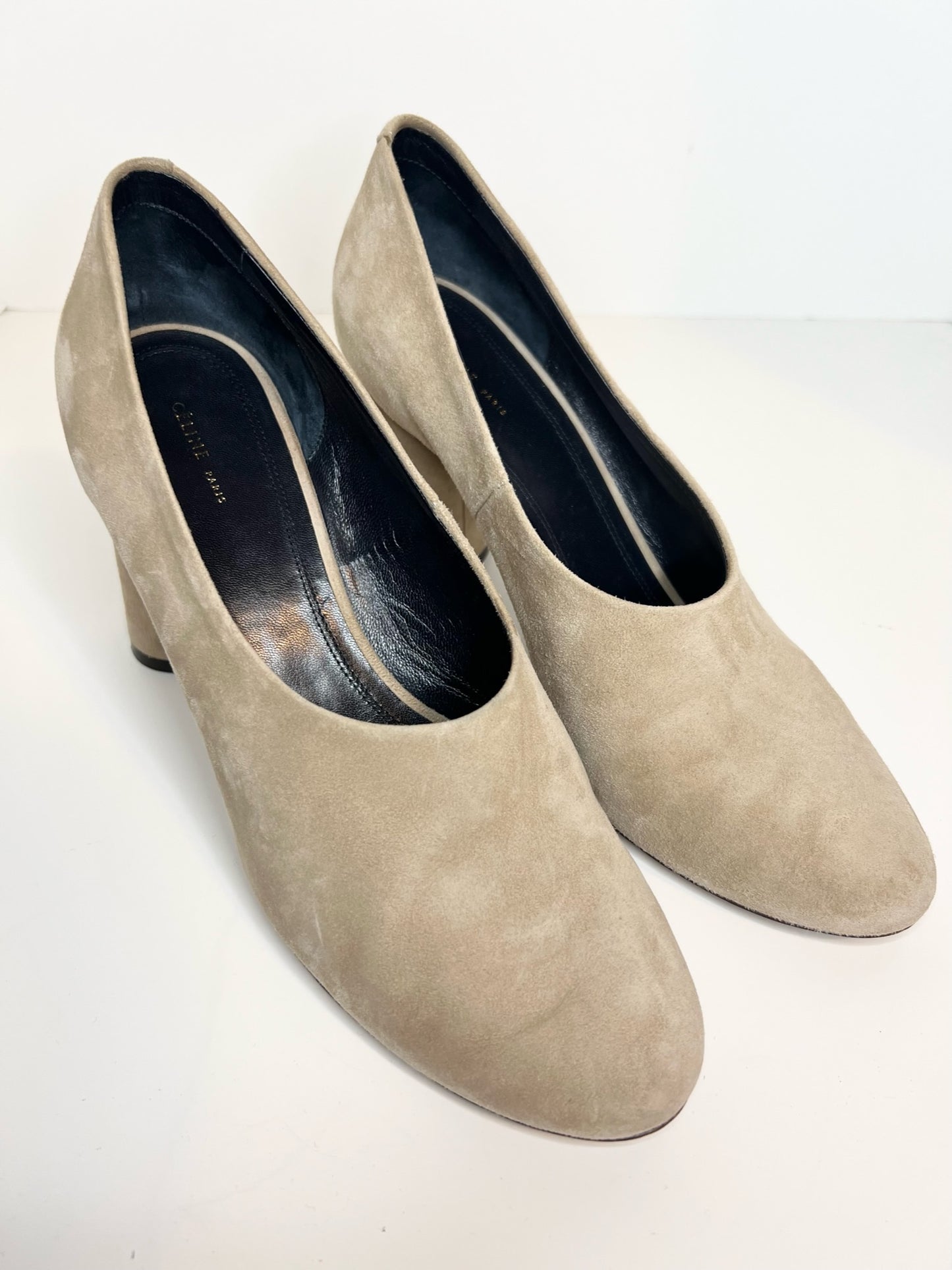 Celine Round-toe Block Heel Suede Pumps, Tan Size 38