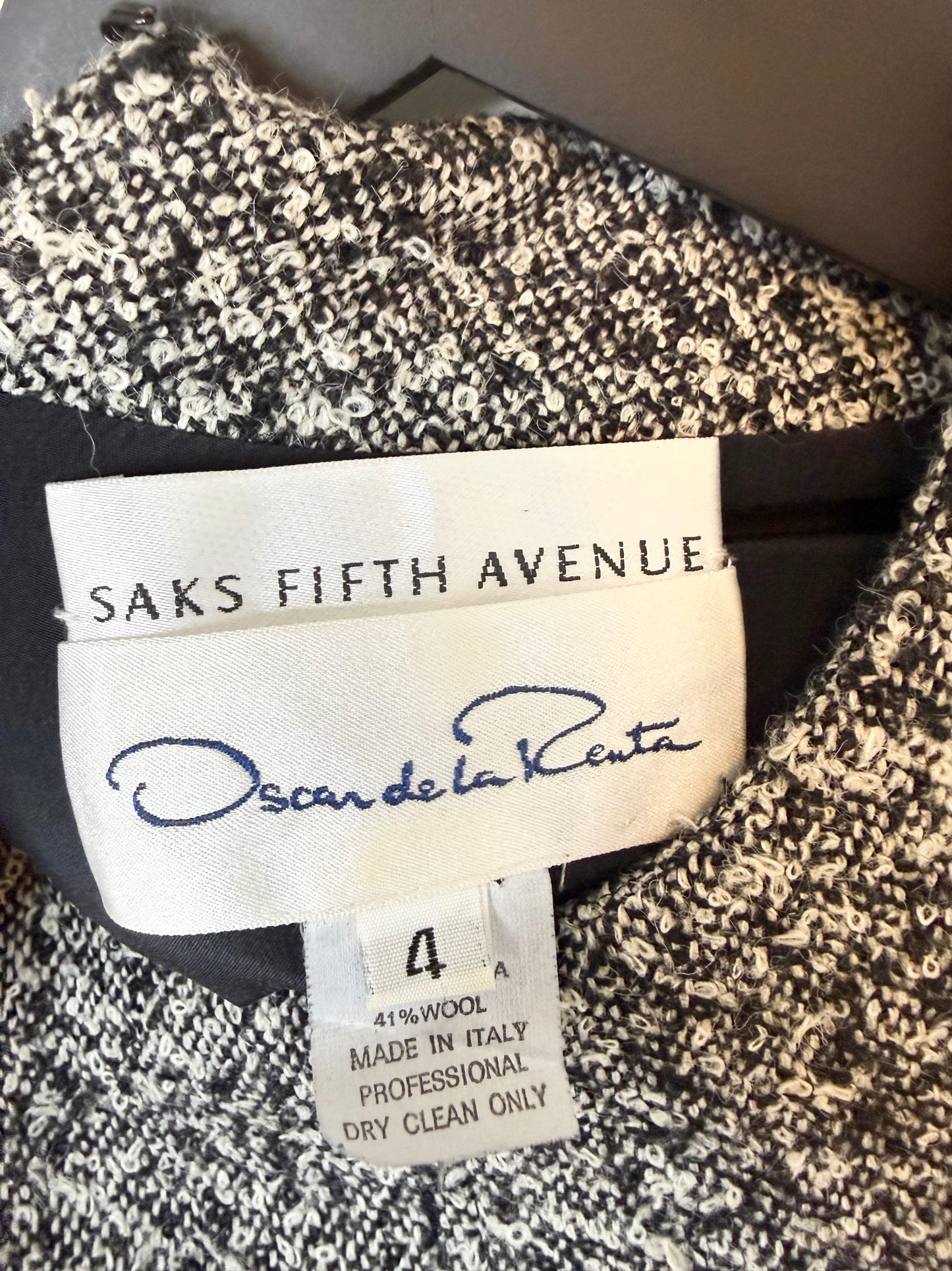 Oscar de la Renta Black & White Tweed Belted Dress, Size 4