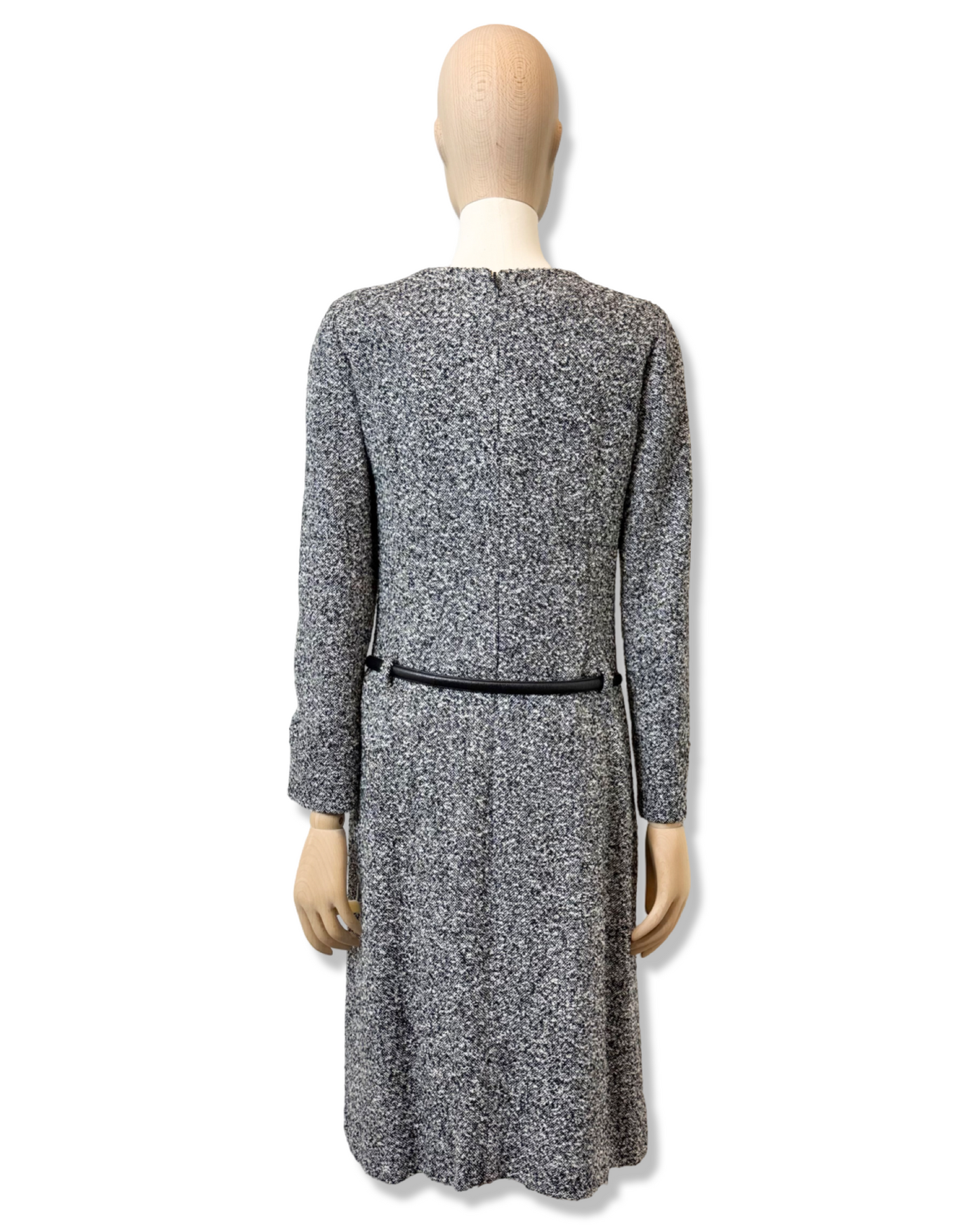 Oscar de la Renta Black & White Tweed Belted Dress, Size 4