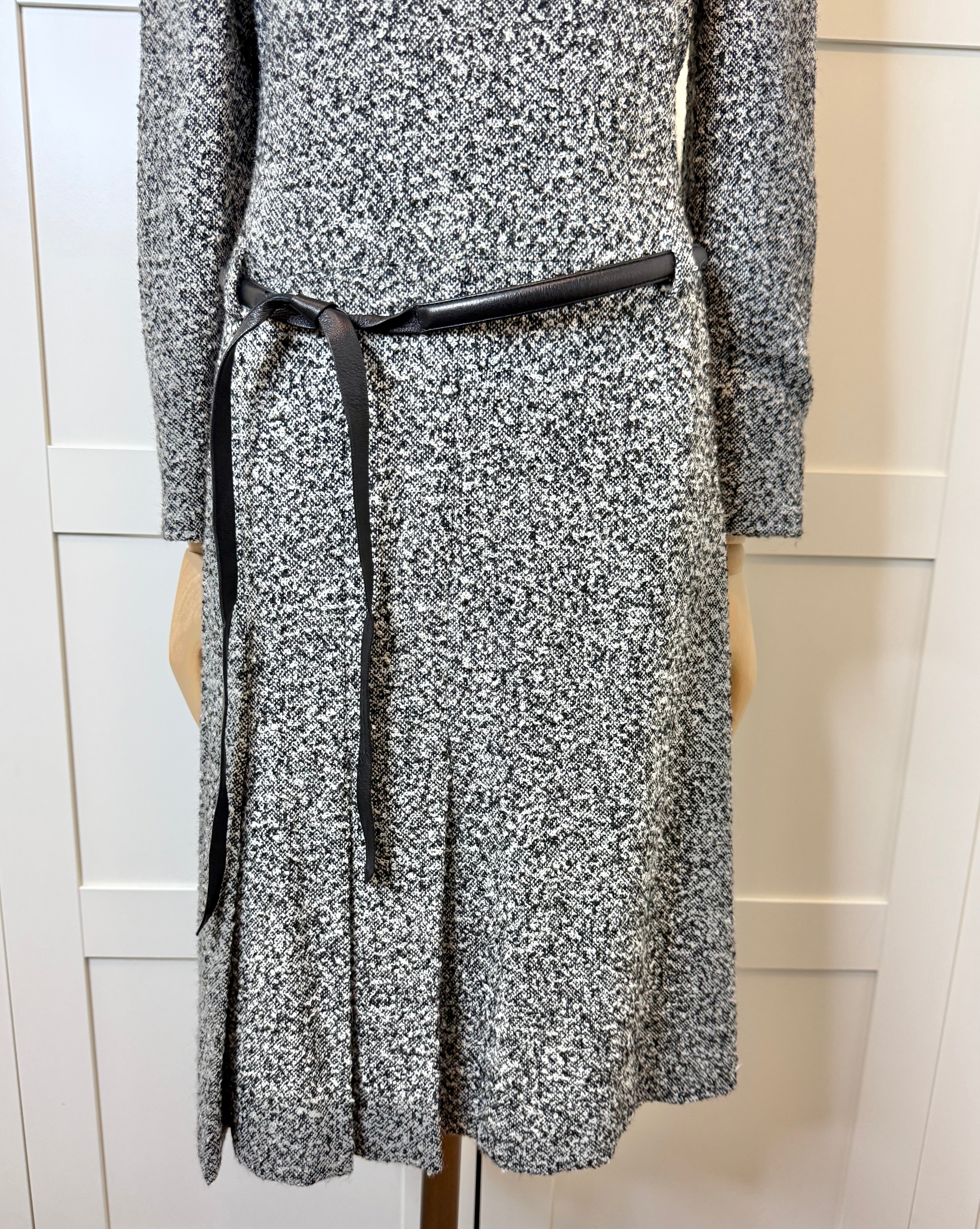 Oscar de la Renta Black & White Tweed Belted Dress, Size 4