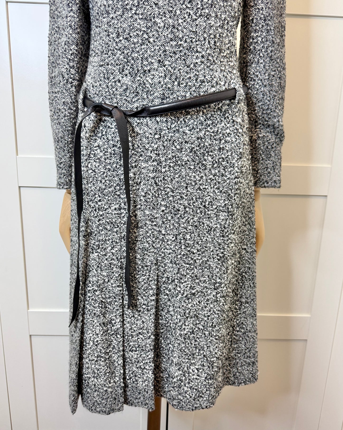 Oscar de la Renta Black & White Tweed Belted Dress, Size 4