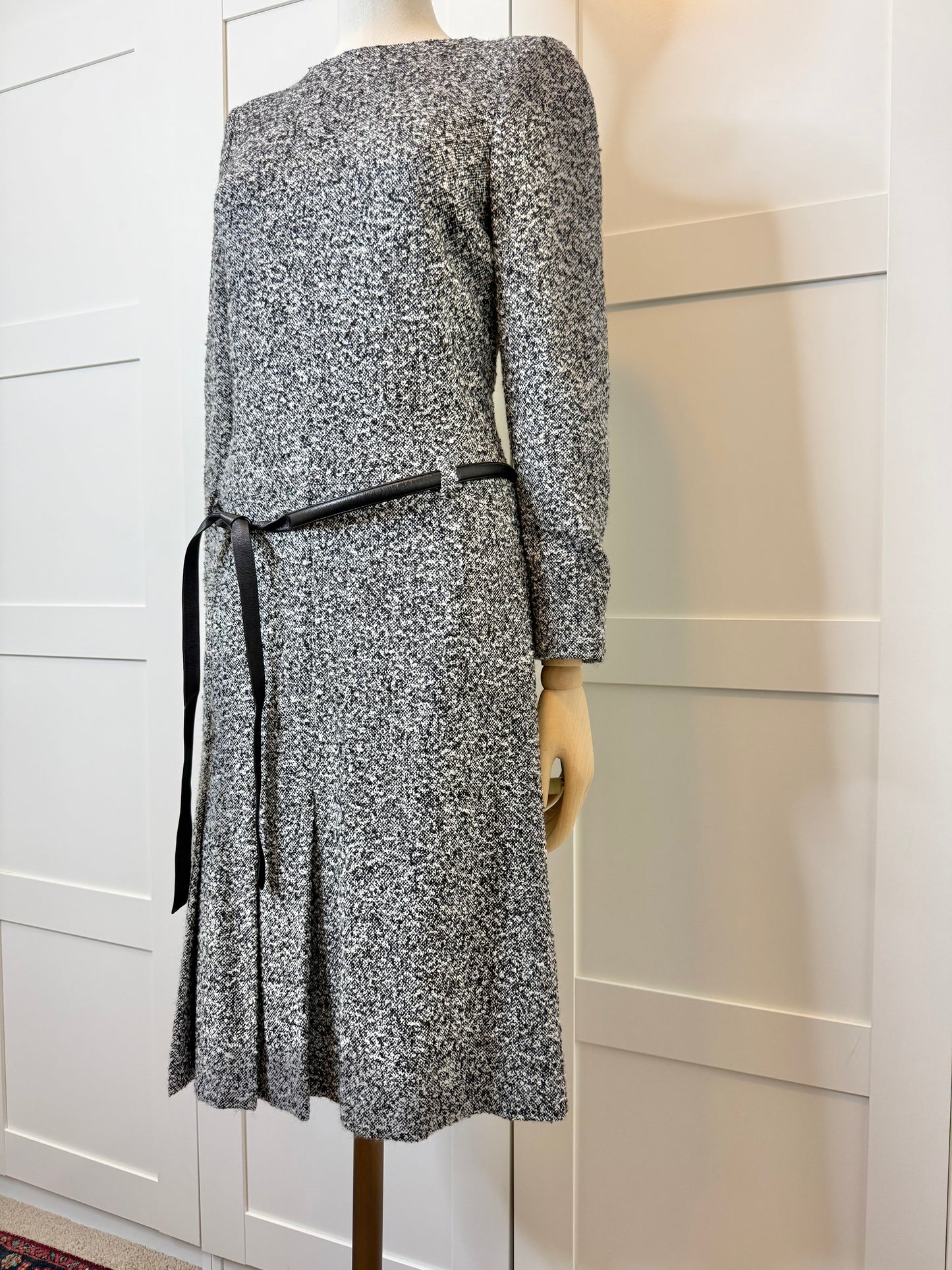 Oscar de la Renta Black & White Tweed Belted Dress, Size 4