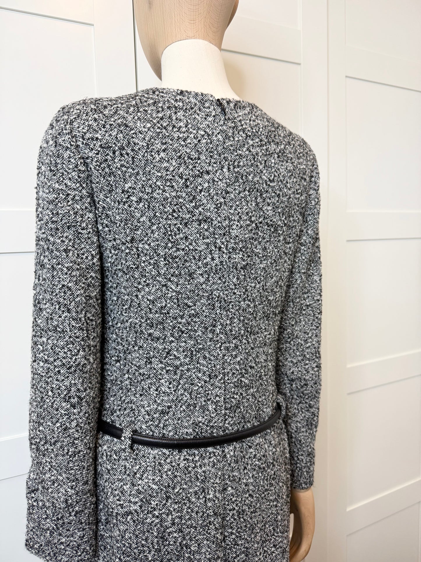 Oscar de la Renta Black & White Tweed Belted Dress, Size 4