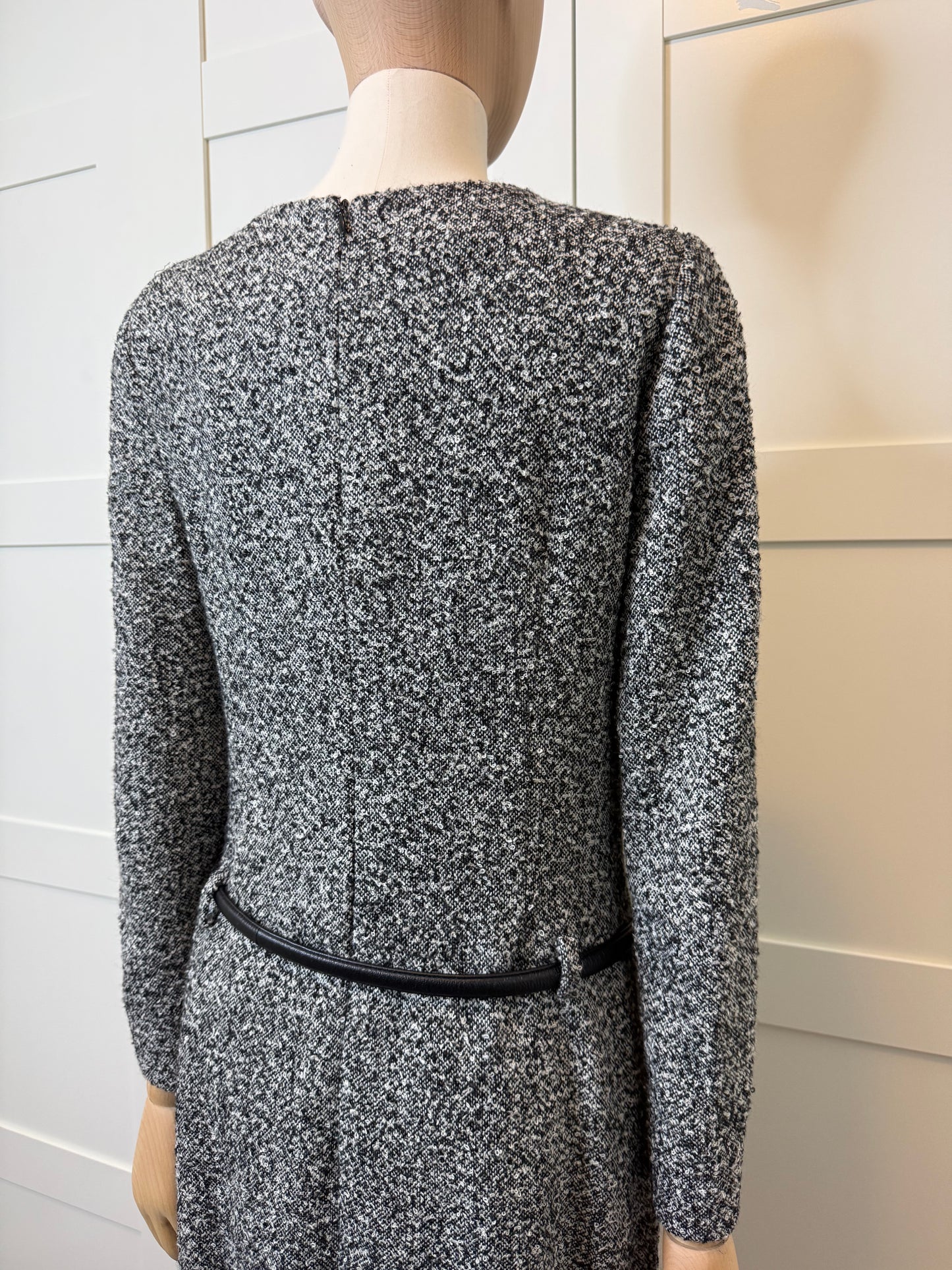 Oscar de la Renta Black & White Tweed Belted Dress, Size 4