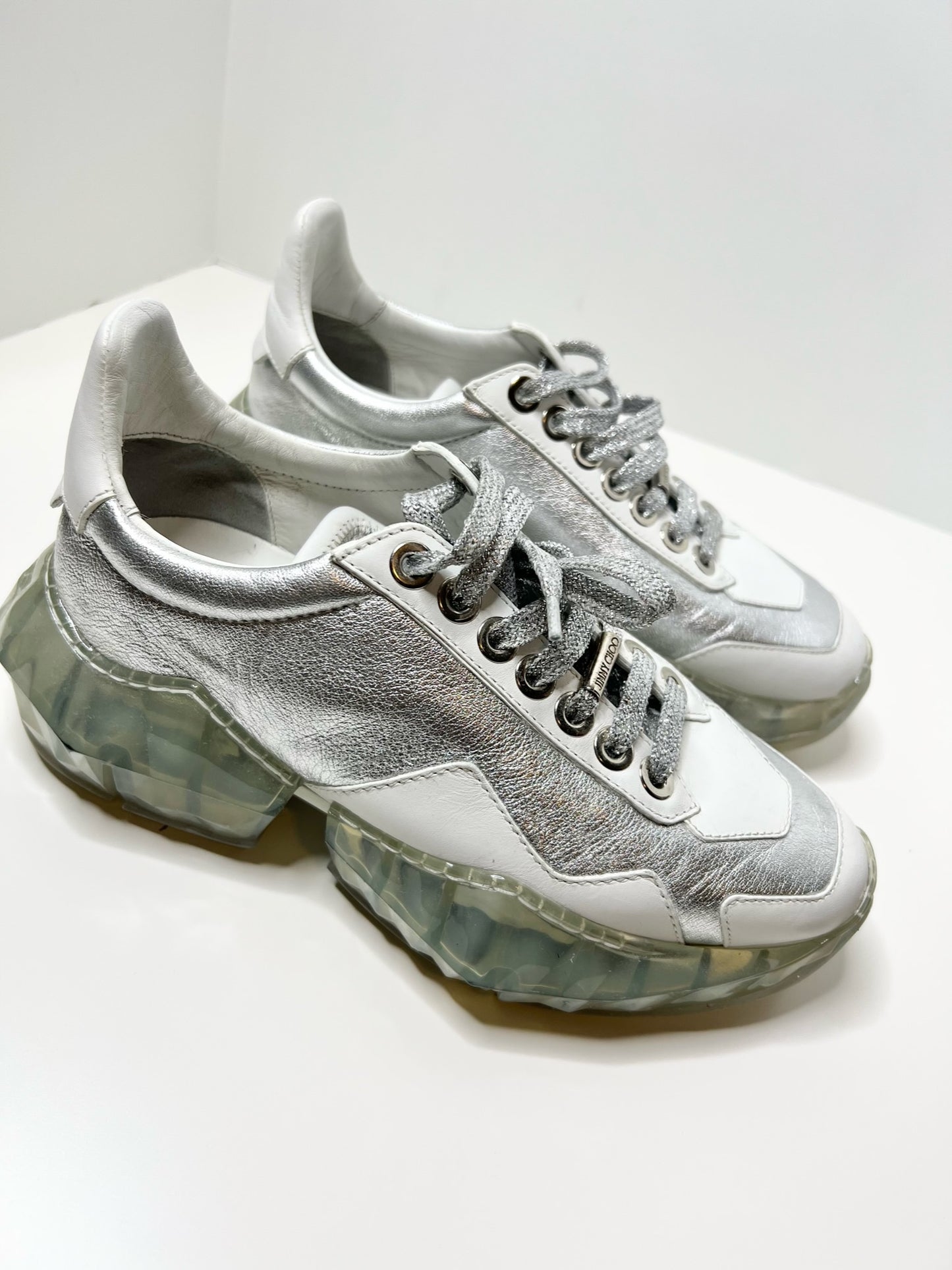 Jimmy Choo Diamond Sneakers, Silver & White Metallic Leather, Size 36.5