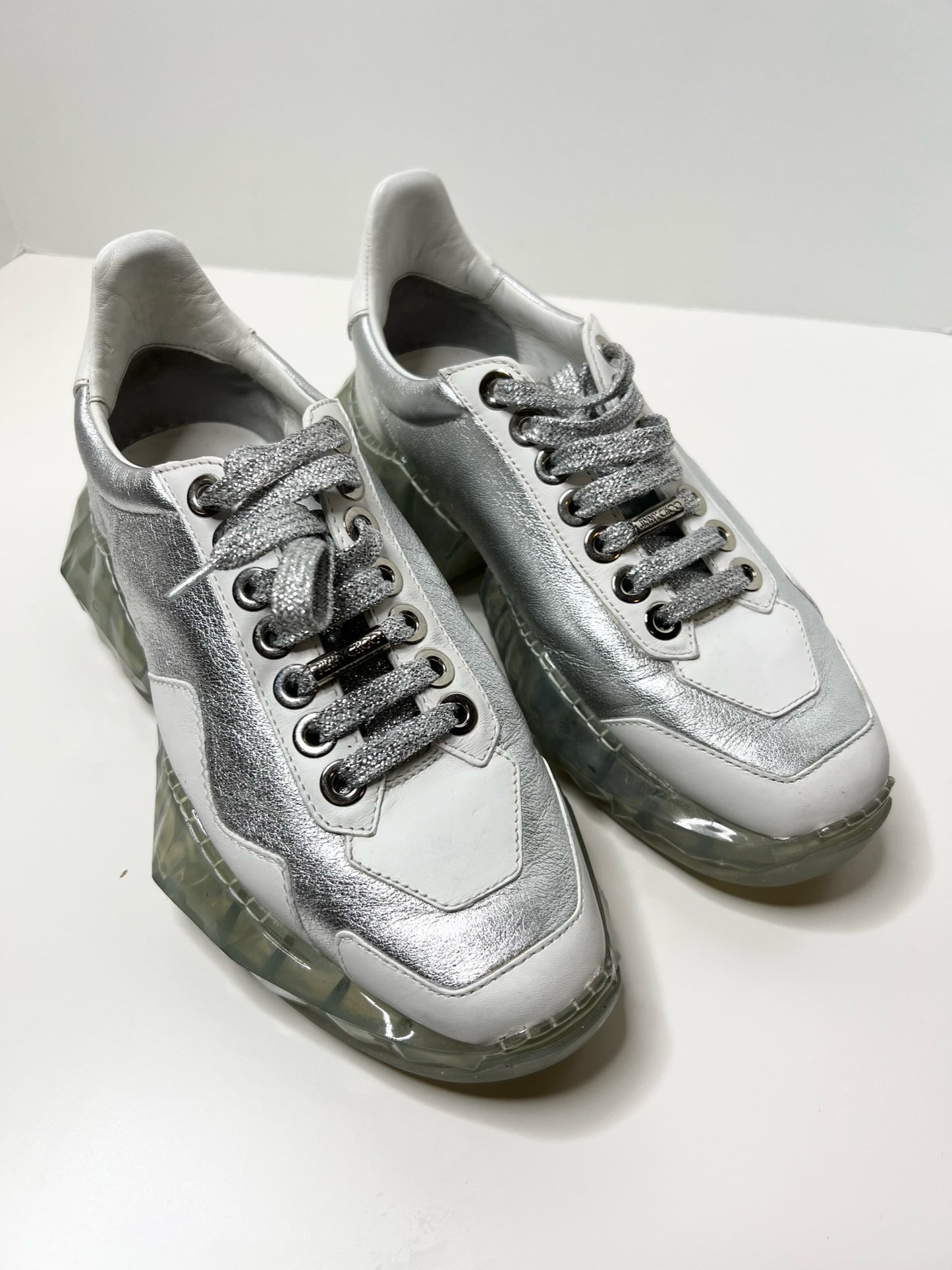 Jimmy Choo Diamond Sneakers, Silver & White Metallic Leather, Size 36.5