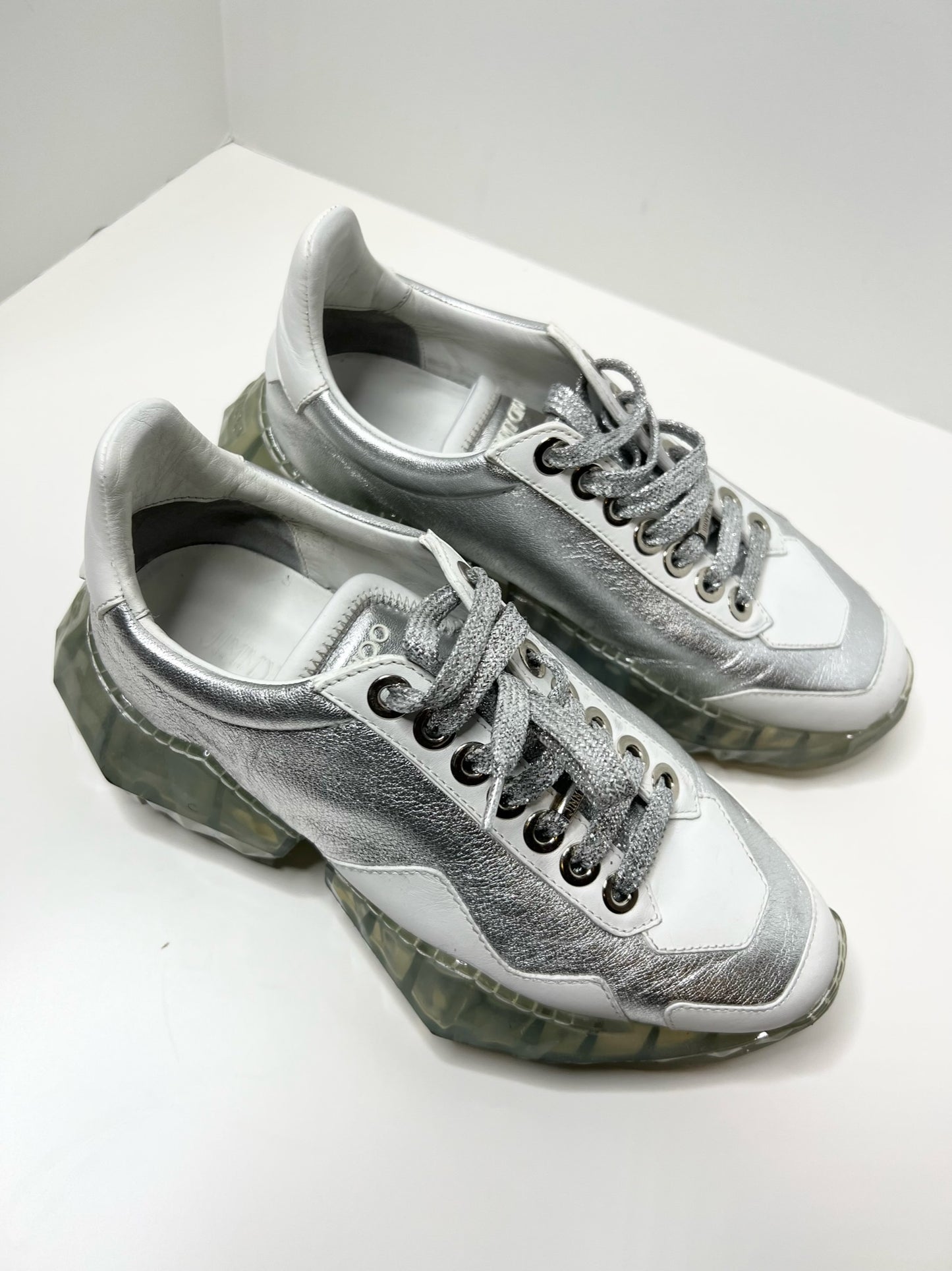 Jimmy Choo Diamond Sneakers, Silver & White Metallic Leather, Size 36.5