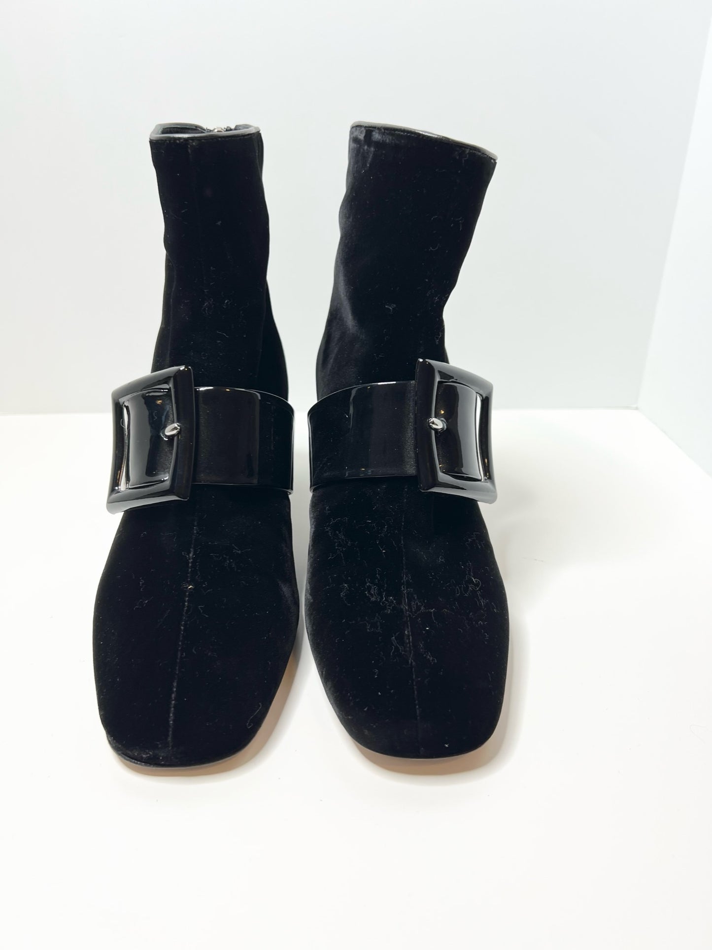 Miu Miu Velvet/Patent Buckle Ankle Booties, Size 39.5