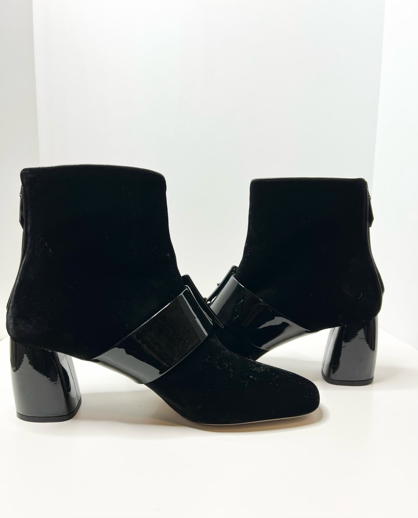 Miu Miu Velvet/Patent Buckle Ankle Booties, Size 39.5