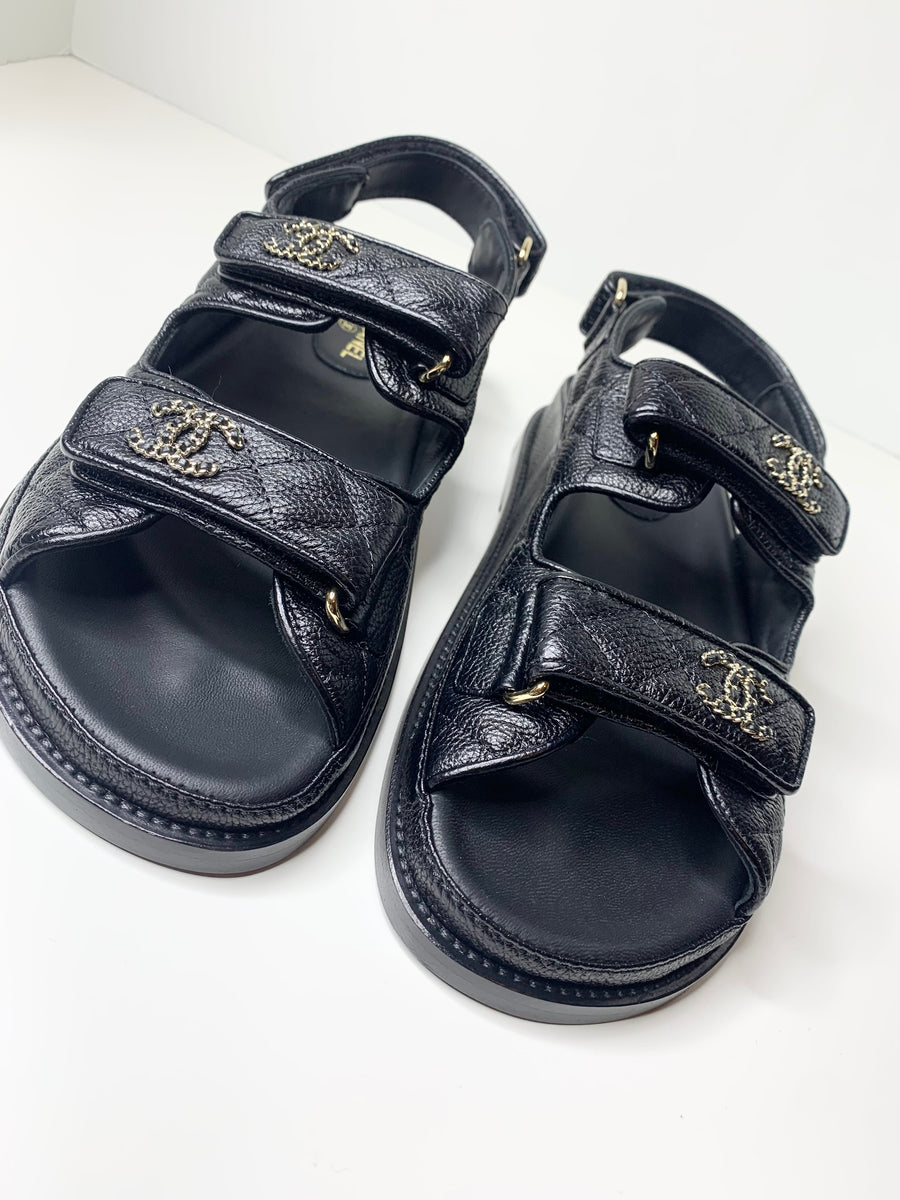 CHANEL Grained Calfskin Velcro Dad Sandals 39 Black 644144